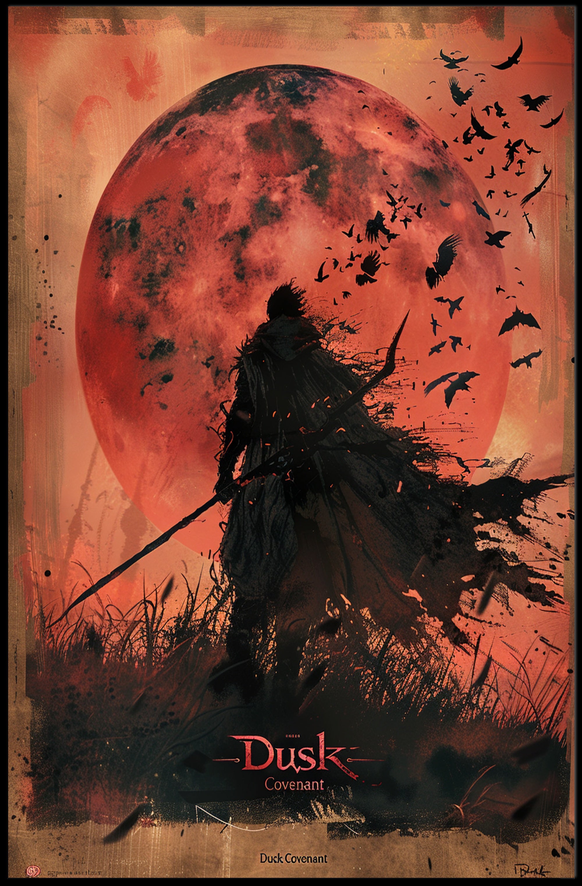 Silhouetted Warrior Against Red Moon Fantasy or Mythology Poster PosterGoat