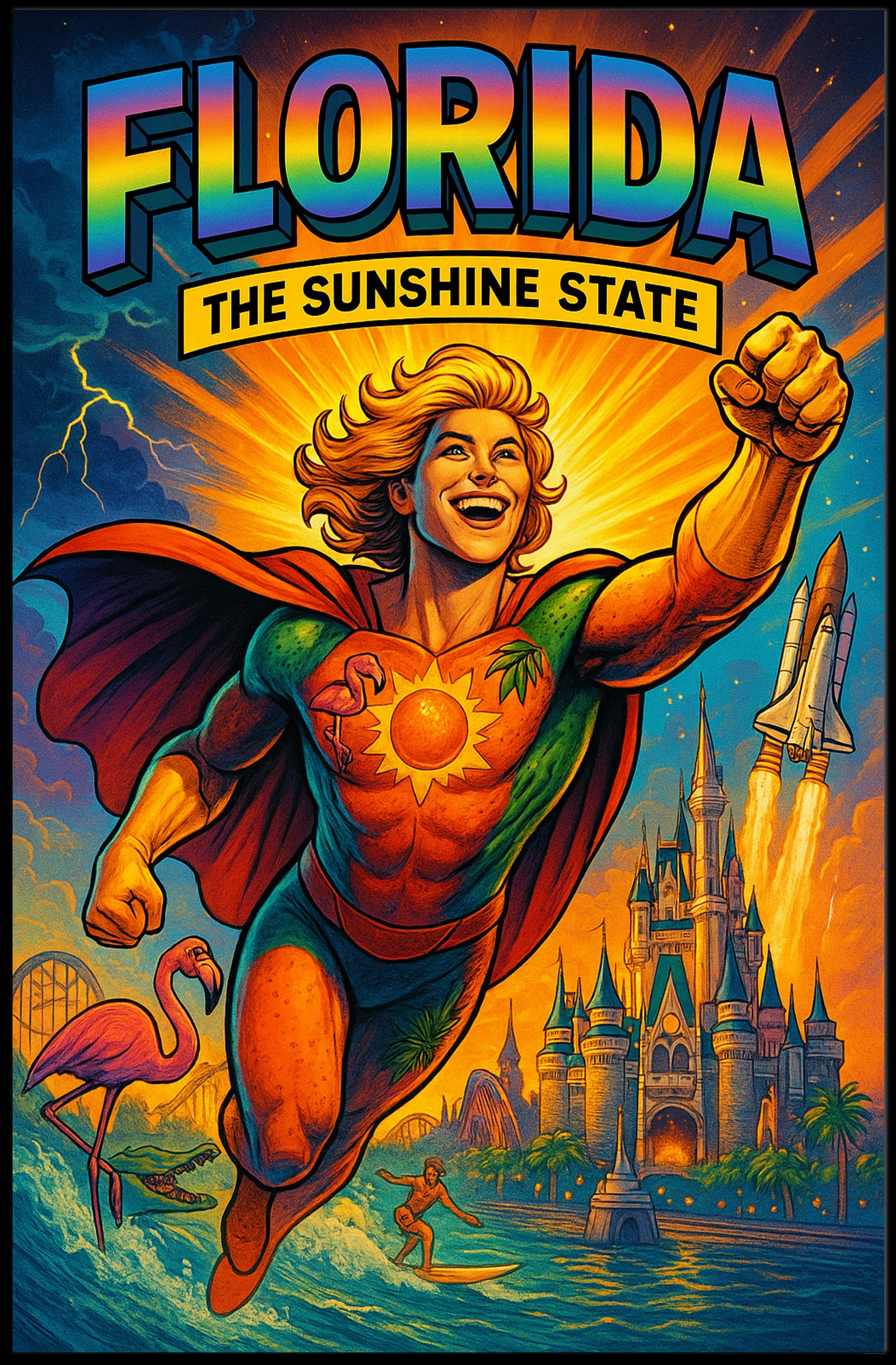 Florida Sunshine State Superhero Adventure Travel Poster