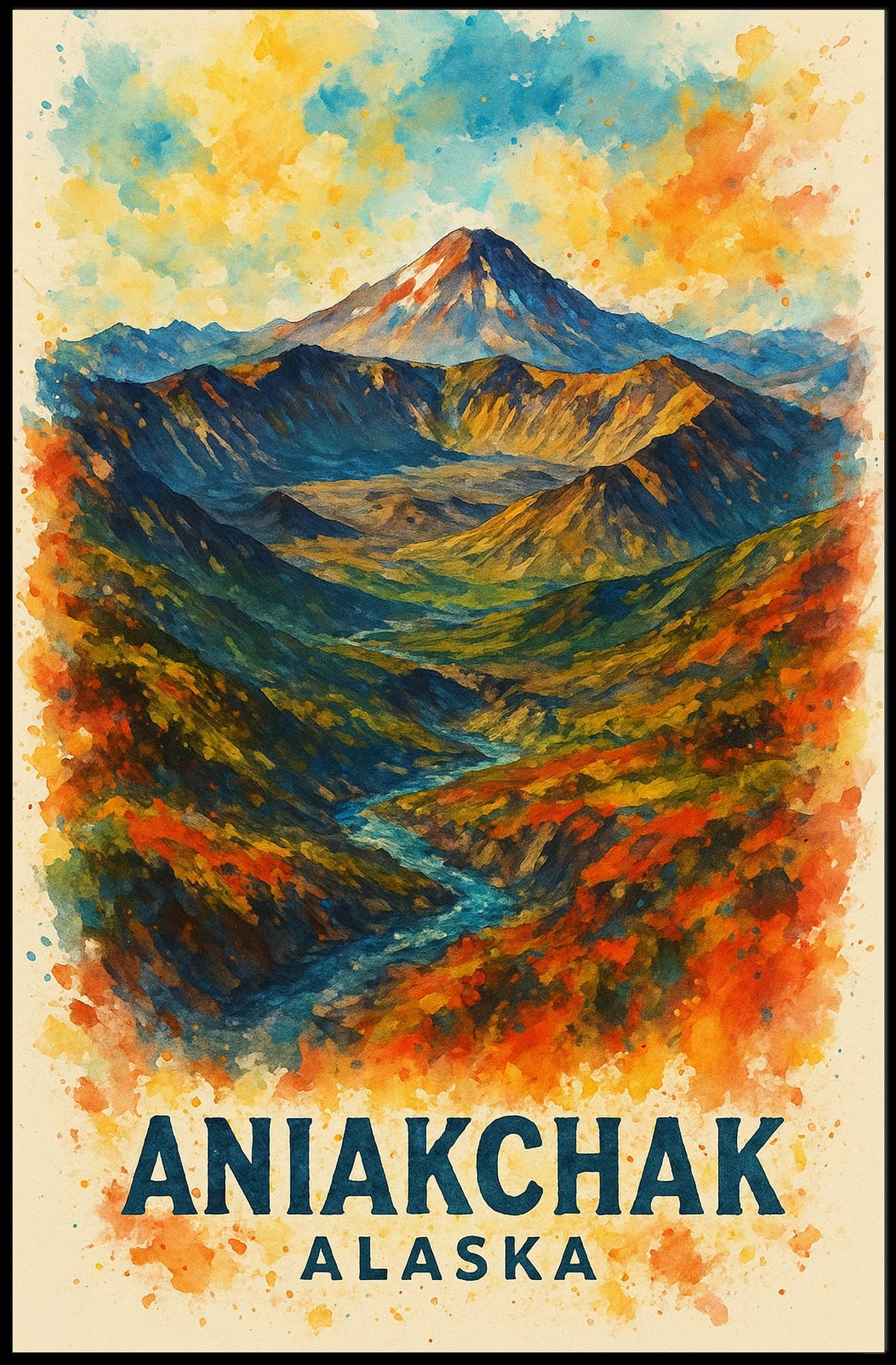 Aniakchak Alaskan Wilderness Adventure Watercolor Poster