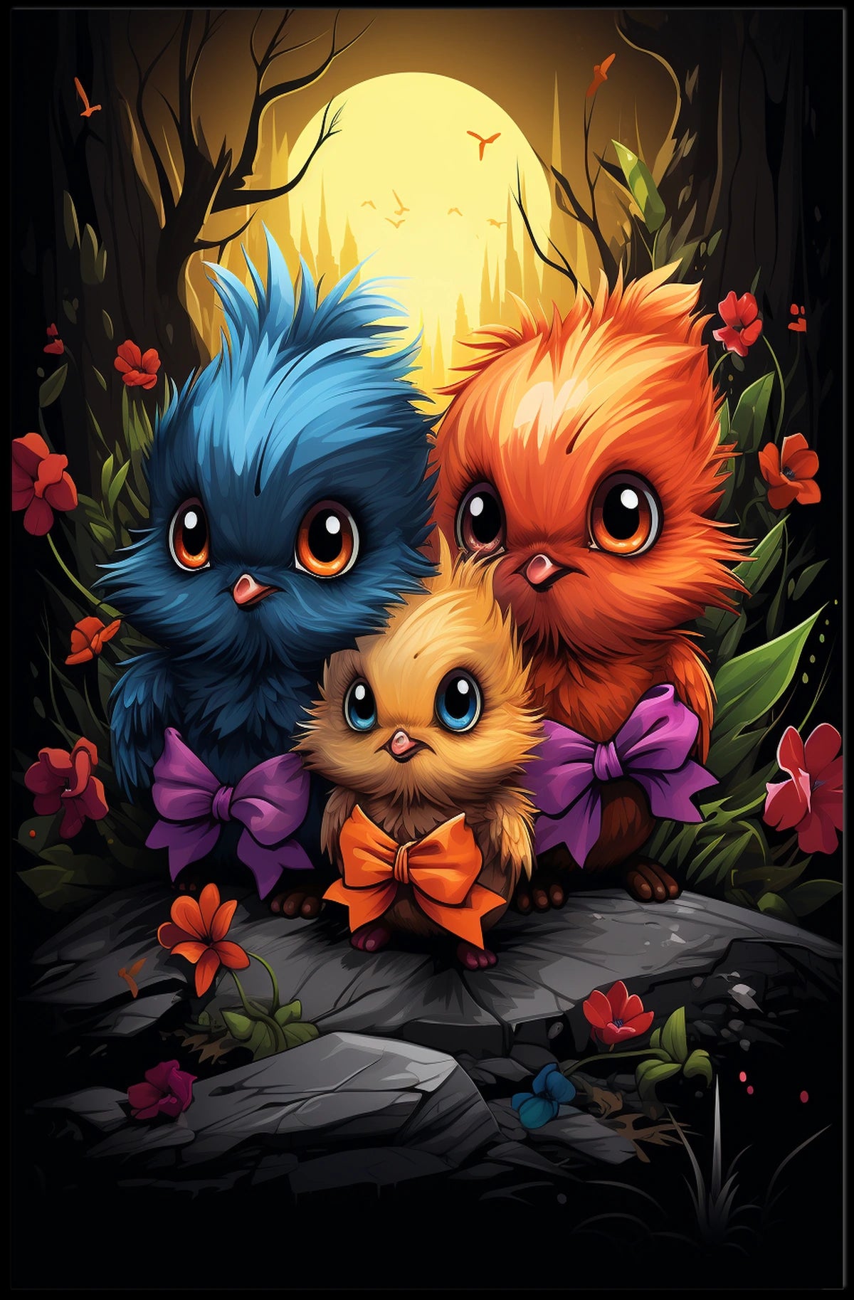 Whimsical Birds in Moonlit Forest Poster Art