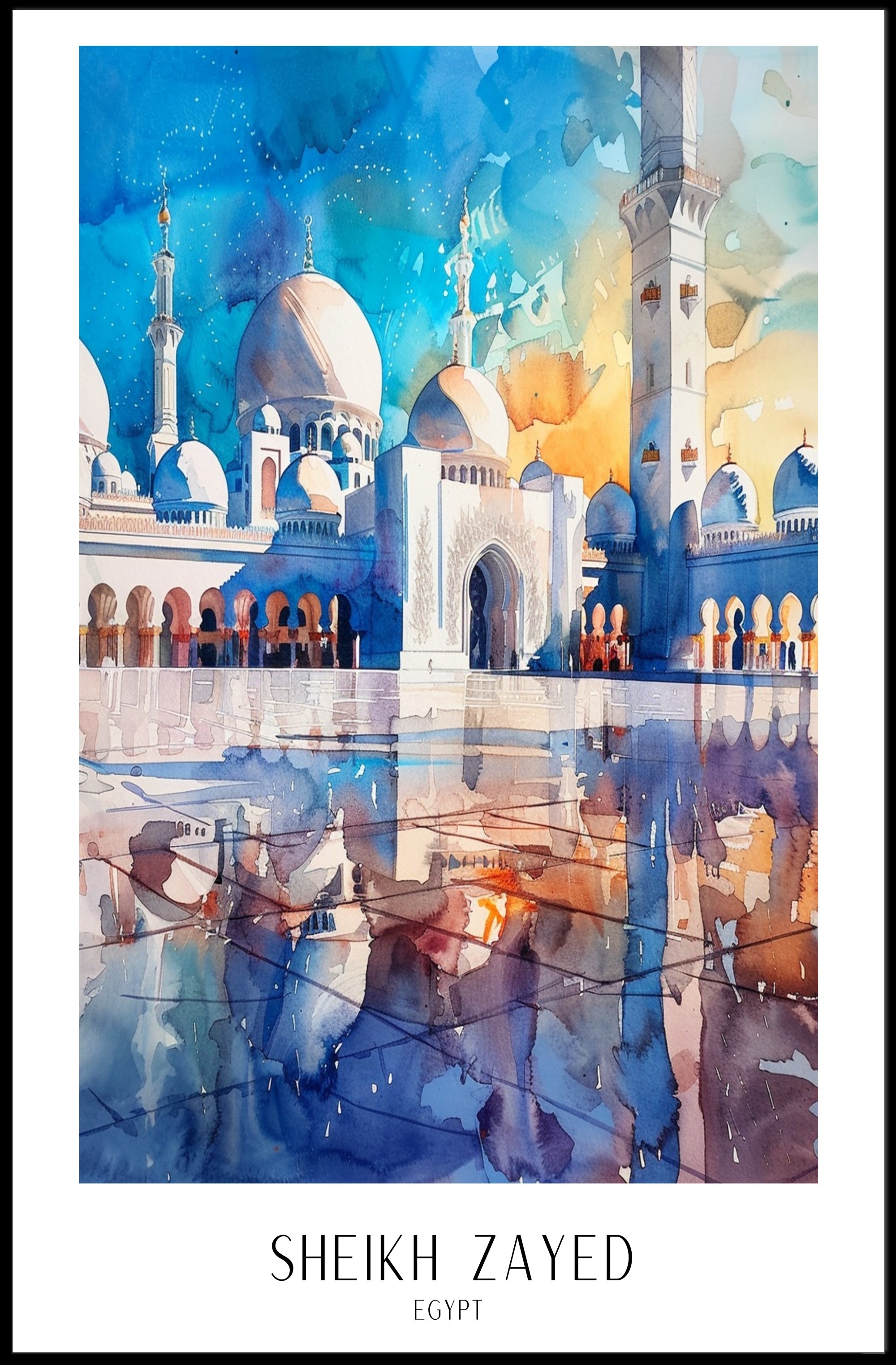 Majestic Watercolor Mosque Scene Cultural or Heritage Poster PosterGoat