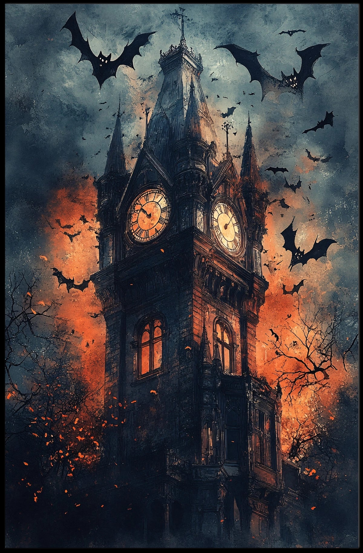 Gothic-Style Clock Tower Art Poster in Eerie Environment - Artistic Poster