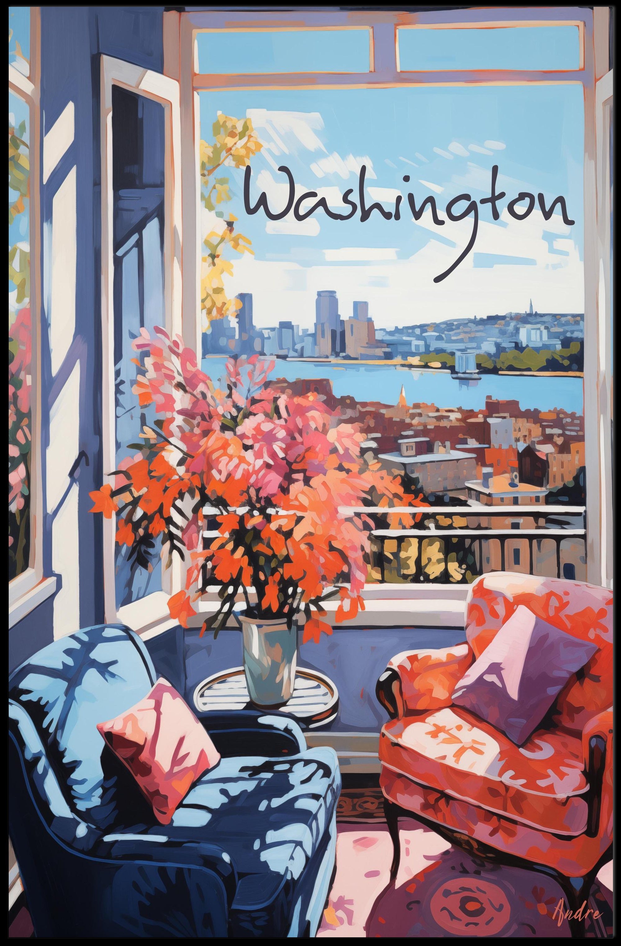 Inviting Urban View: Cozy Interior Cityscape Poster