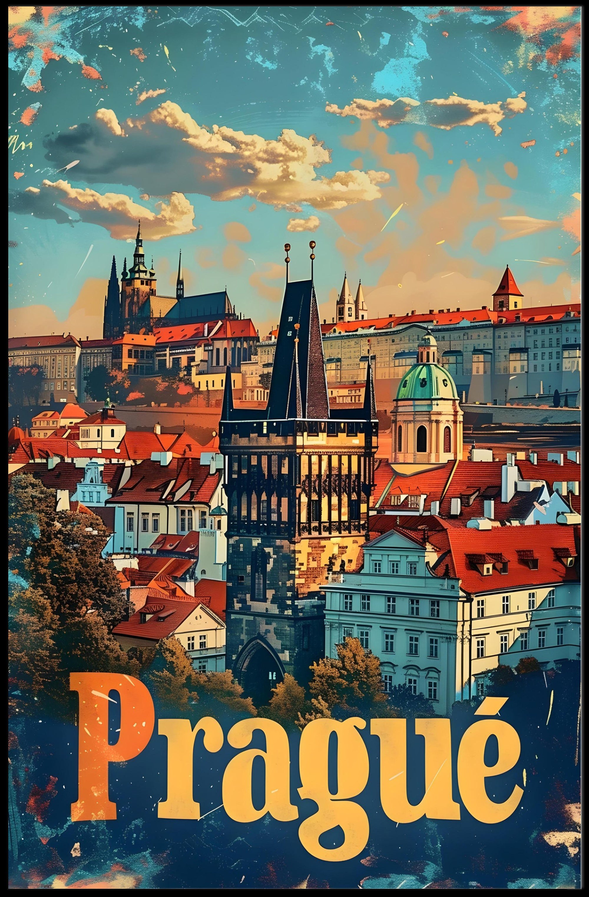 Prague Skyline Art Deco Travel Poster