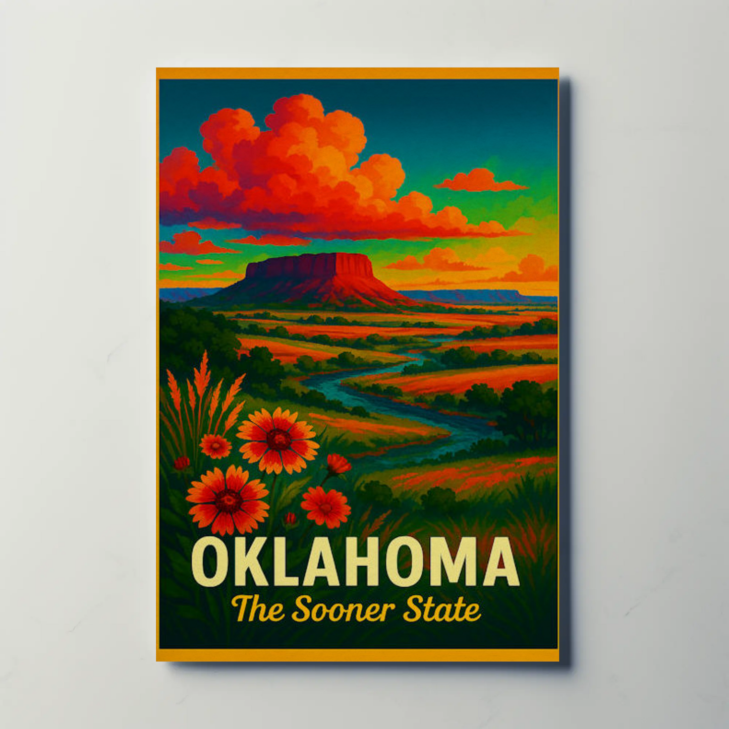 Oklahoma Sooner State Wildflowers Sunset Prairie Travel Poster