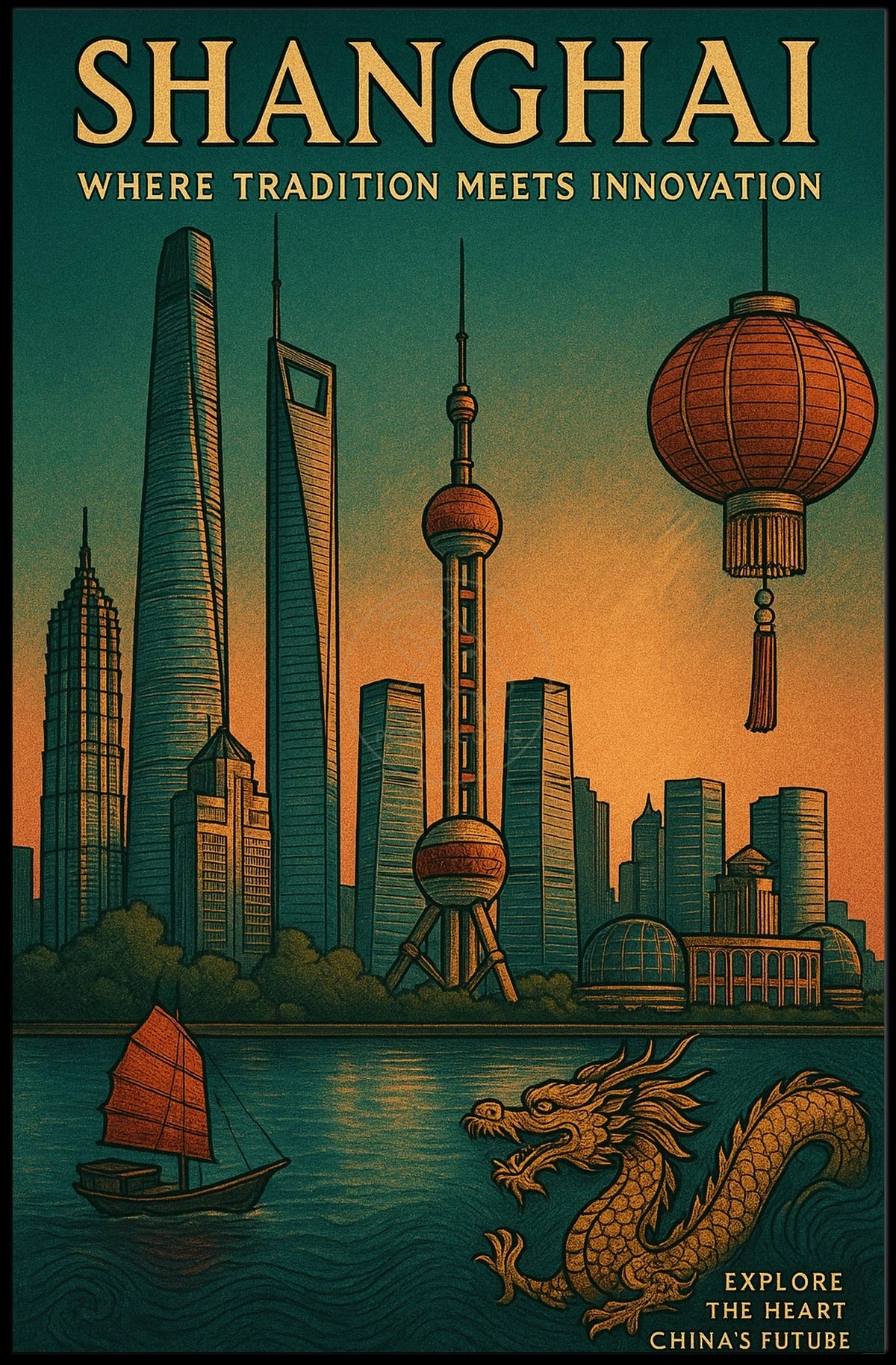 Shanghai Skyline Fusion: Vintage Urban or Cityscape Poster