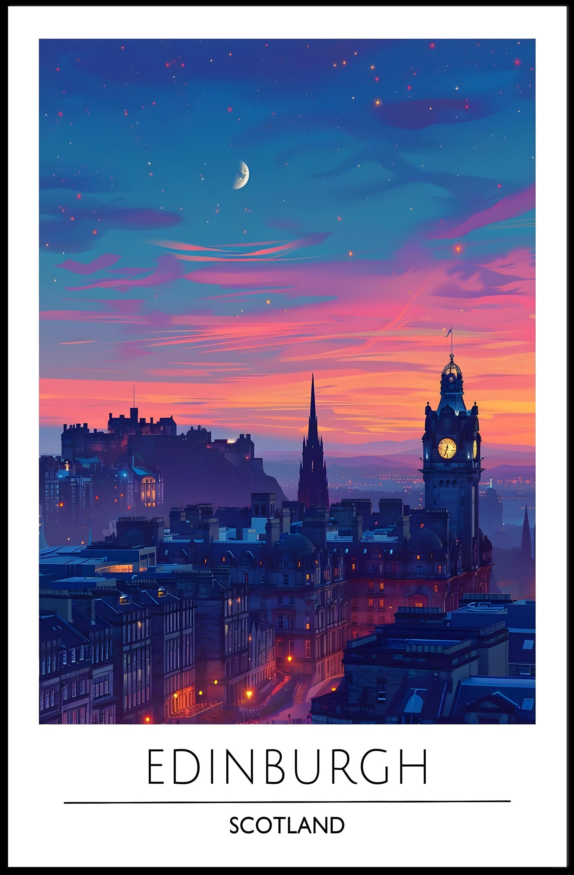 Edinburgh Evening Skyline Travel Poster