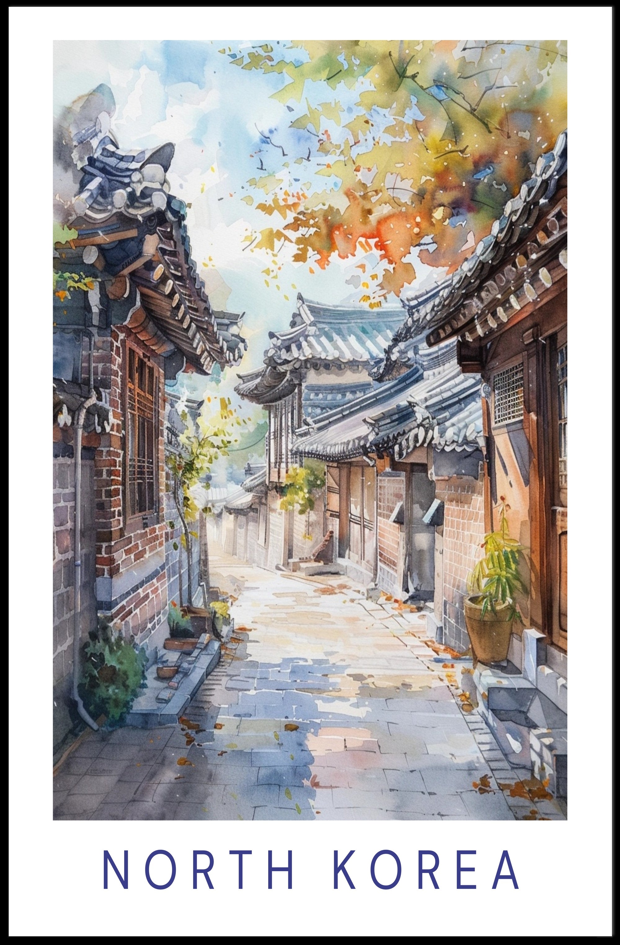 Serene North Korean Scene Watercolor Cultural Heritage Poster PosterGoat