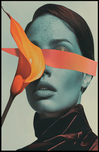 Surreal Blue Portrait with Orange Calla Lily Art Poster PosterGoat