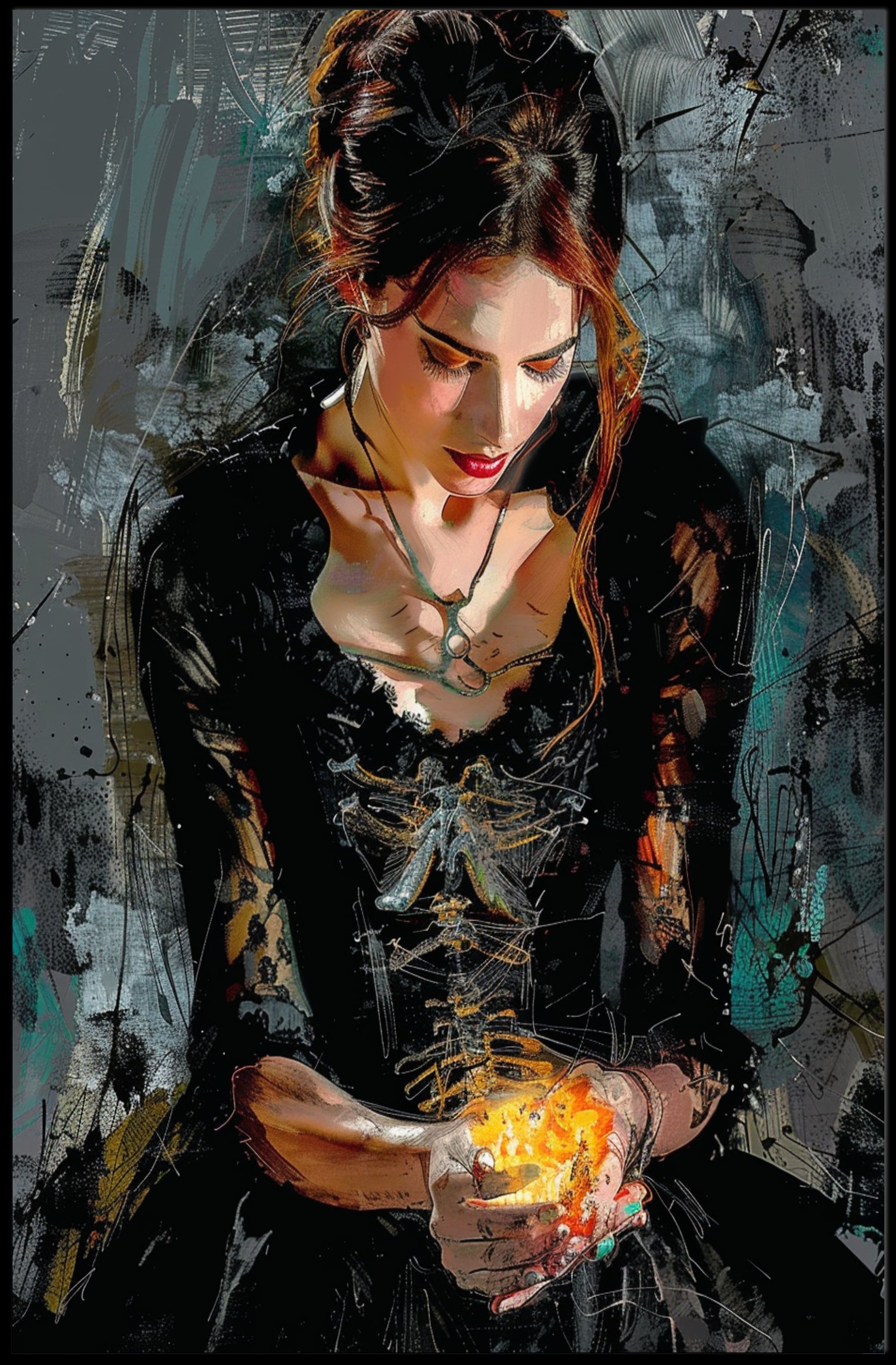 Mystical Gothic Woman with Fiery Object Poster PosterGoat