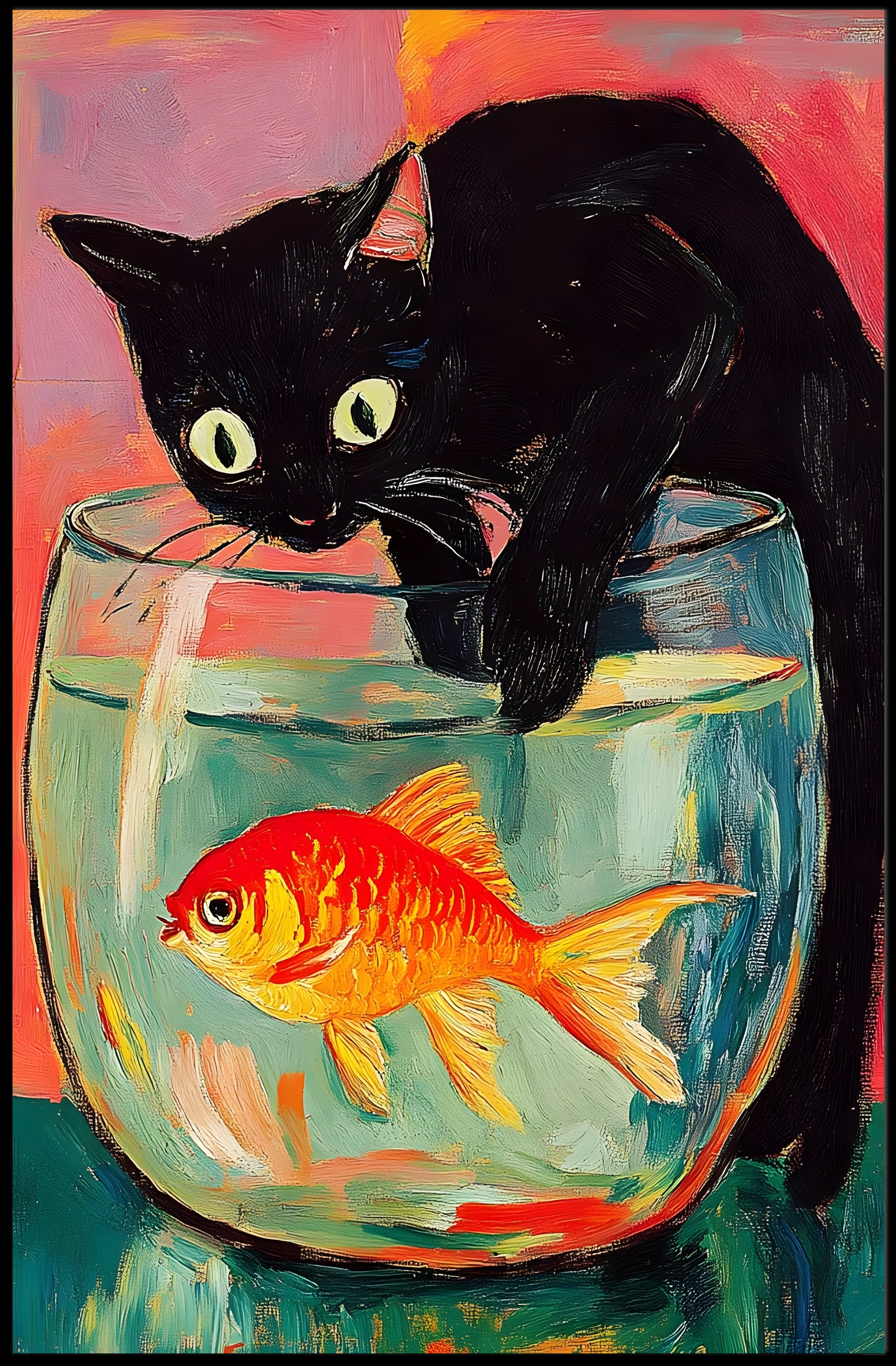 Curious Cat And Goldfish Poster Colorful Art Print