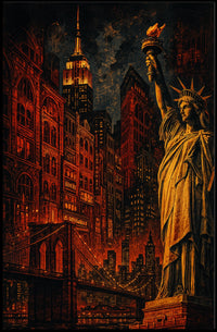 New York City Nightscape Poster Vintage Urban Wall Art