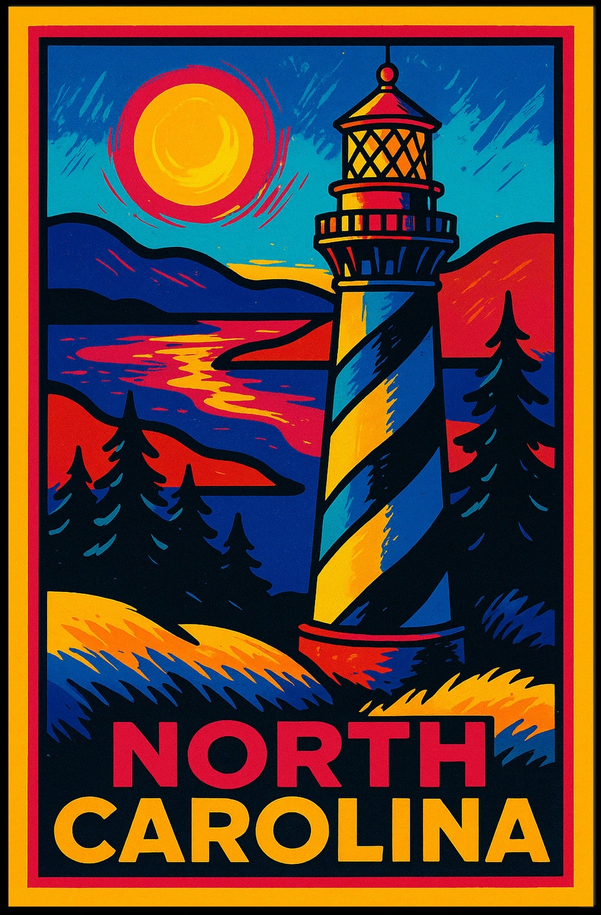 North Carolina Lighthouse Wanderlust Vintage Poster