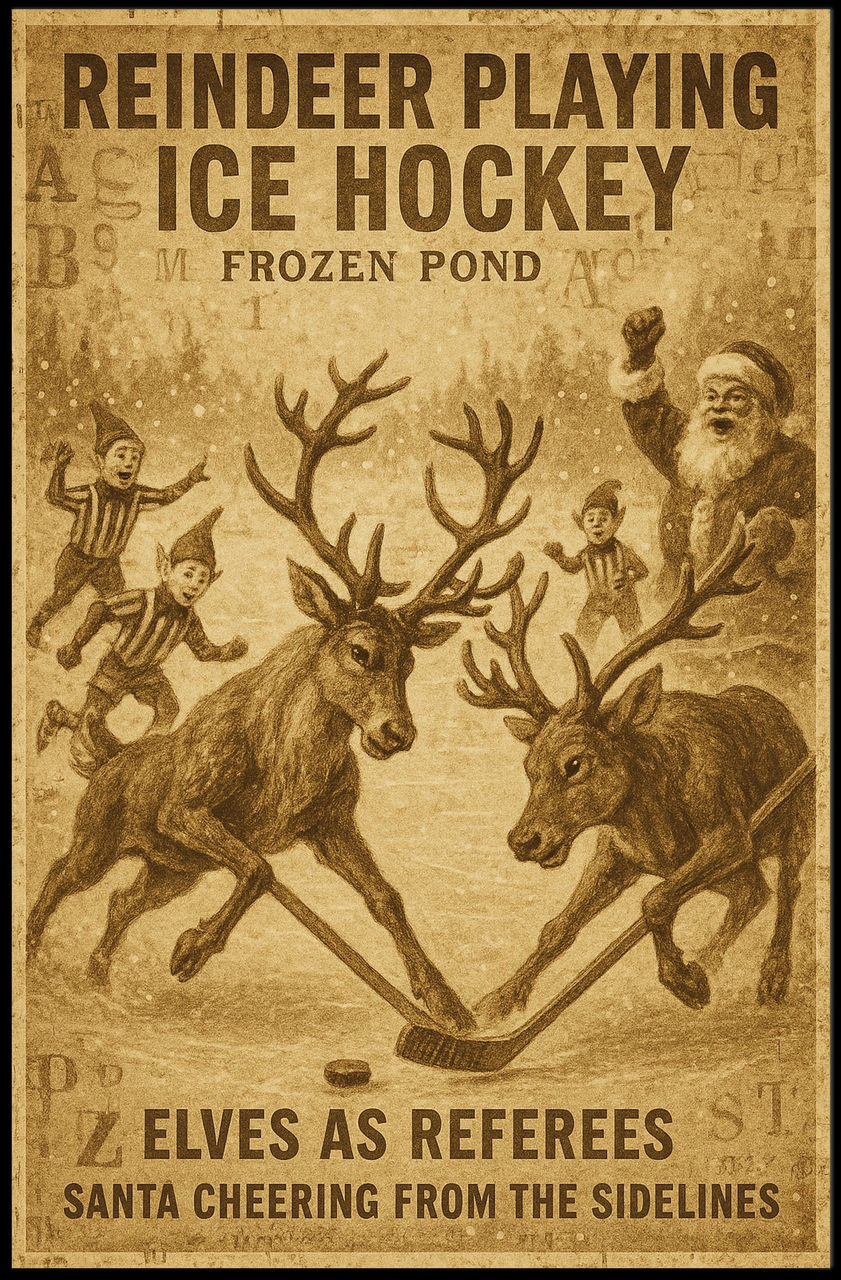 Whimsical Christmas Reindeer Ice Hockey Vintage Sports Poster