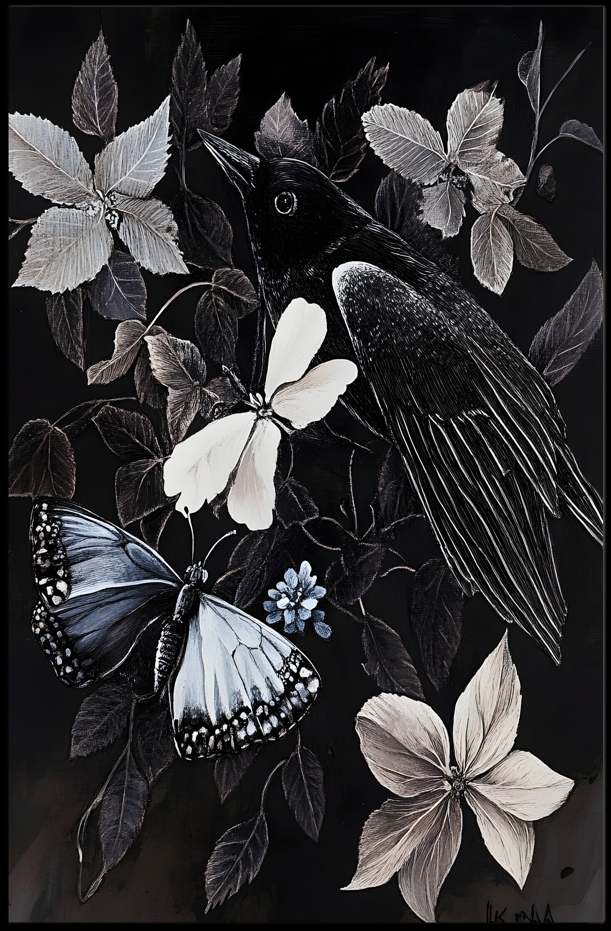 Monochrome Magpie Art Vintage Animal Poster PosterGoat