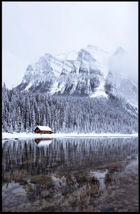 Serene Winter Mountain Cabin Landscape Poster