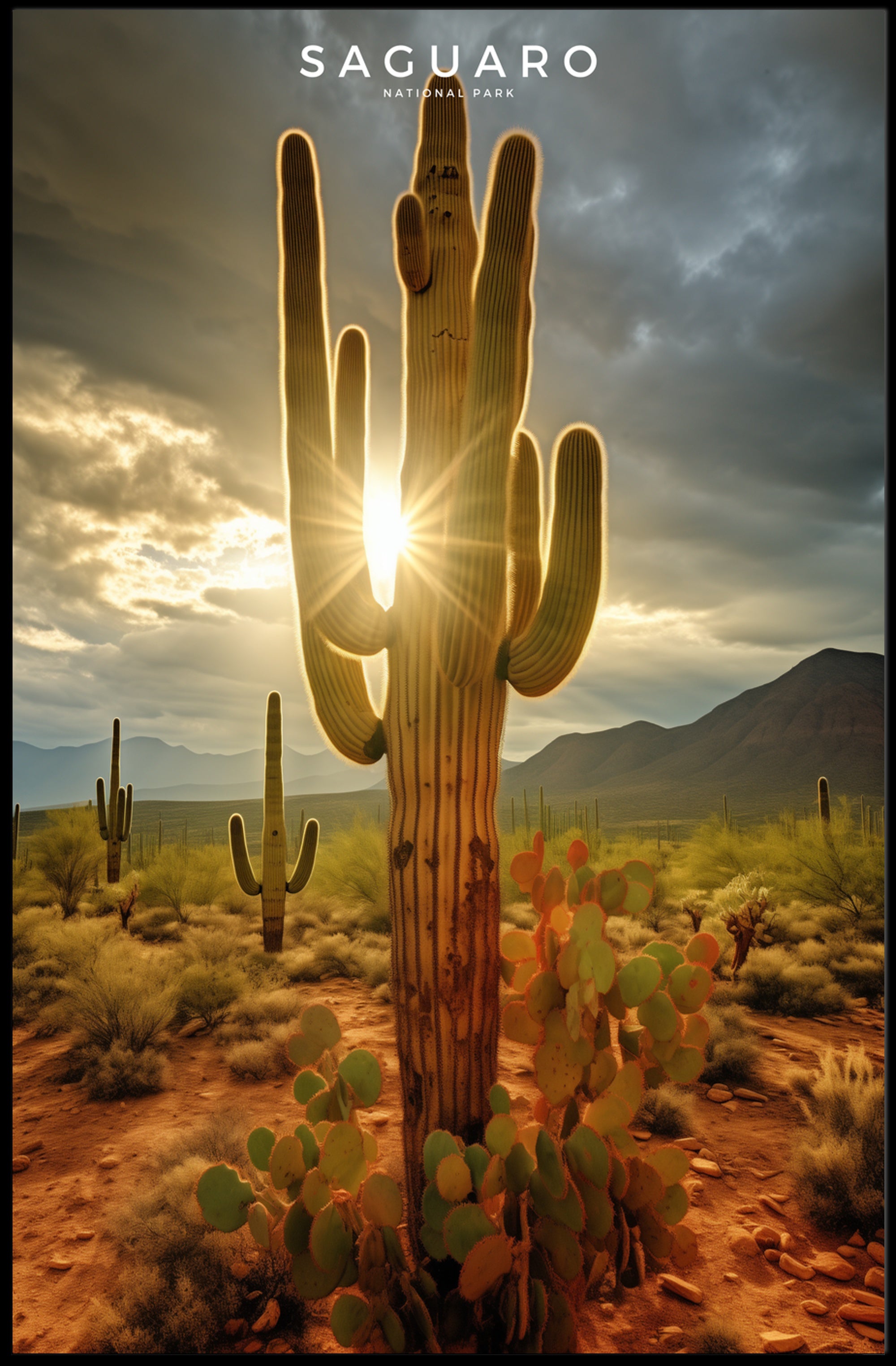 Saguaro Sunset Poster Vintage Desert Travel Print
