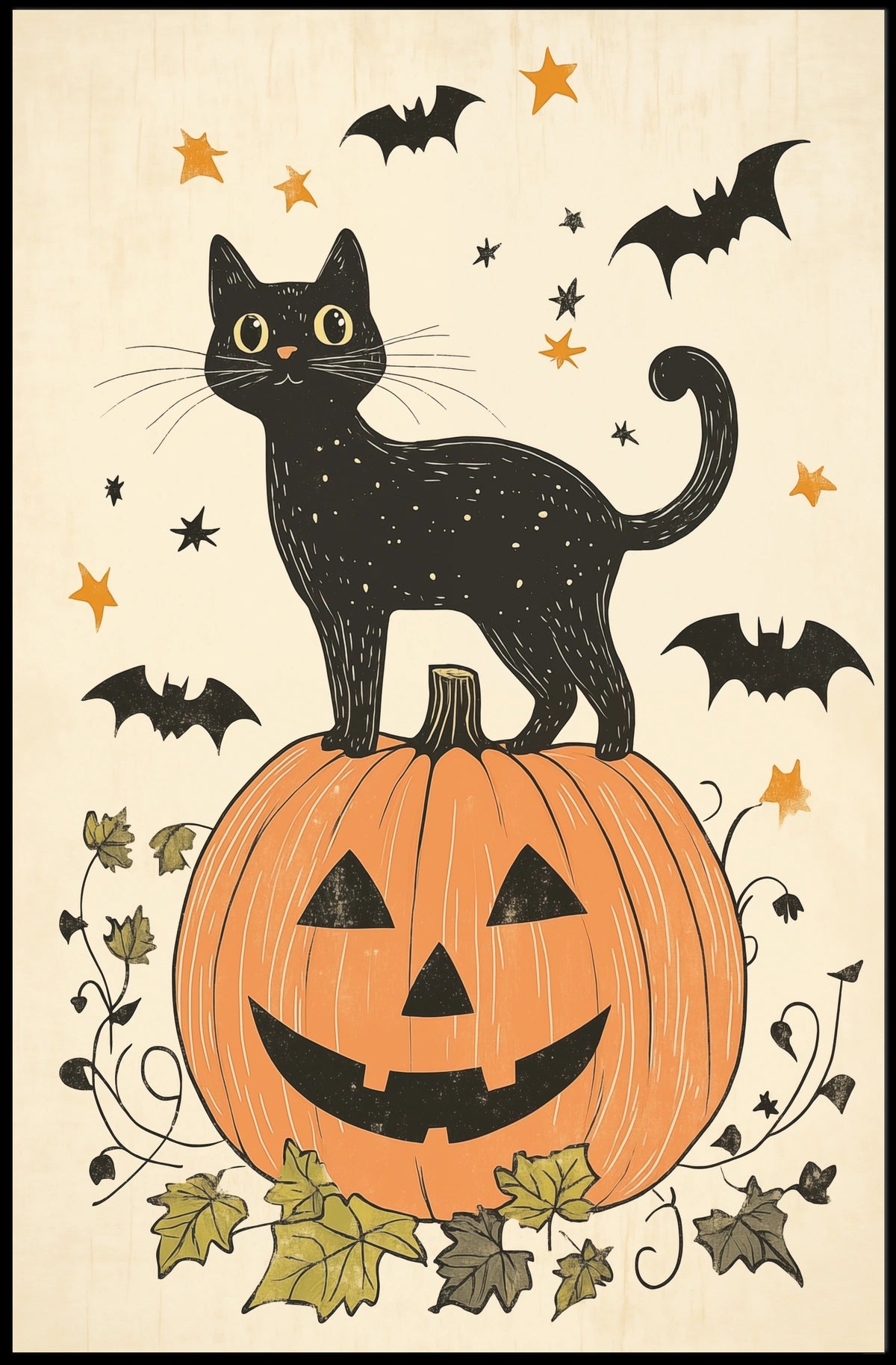 Halloween-Themed Black Cat Carved Pumpkin Bats Stars Poster