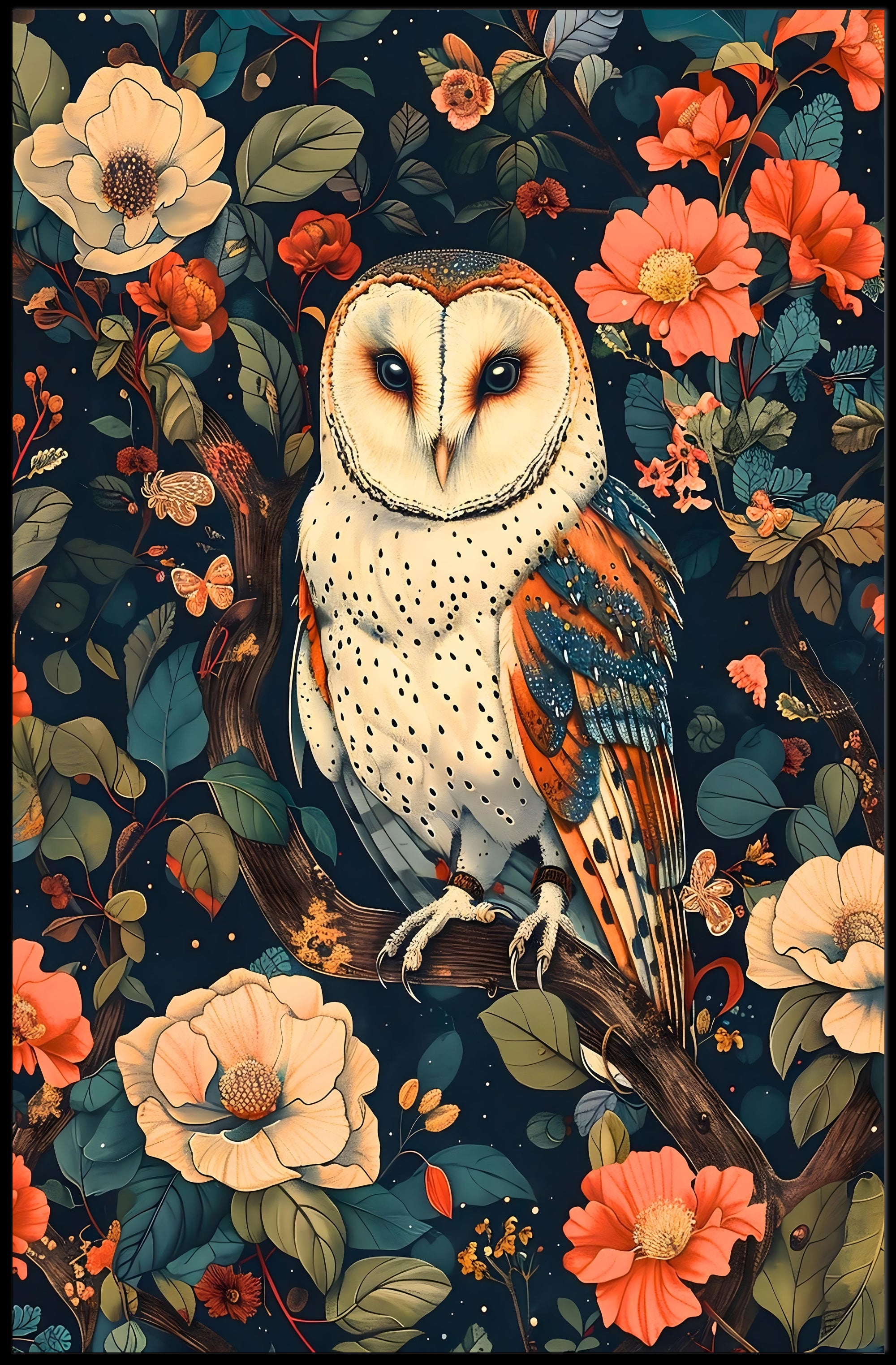 Barn Owl Amid Enchanted Flora: Artistic Animal Poster