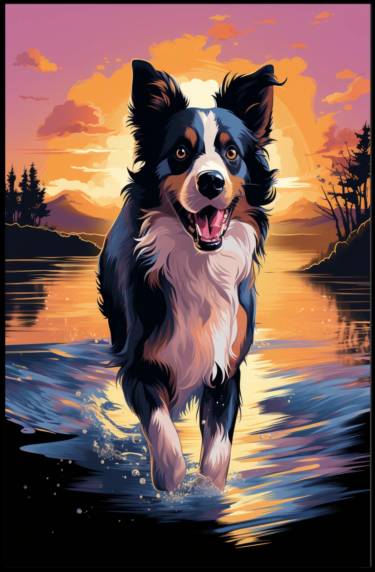Cheerful Dog at Sunset Landscape Artistic Animal Poster