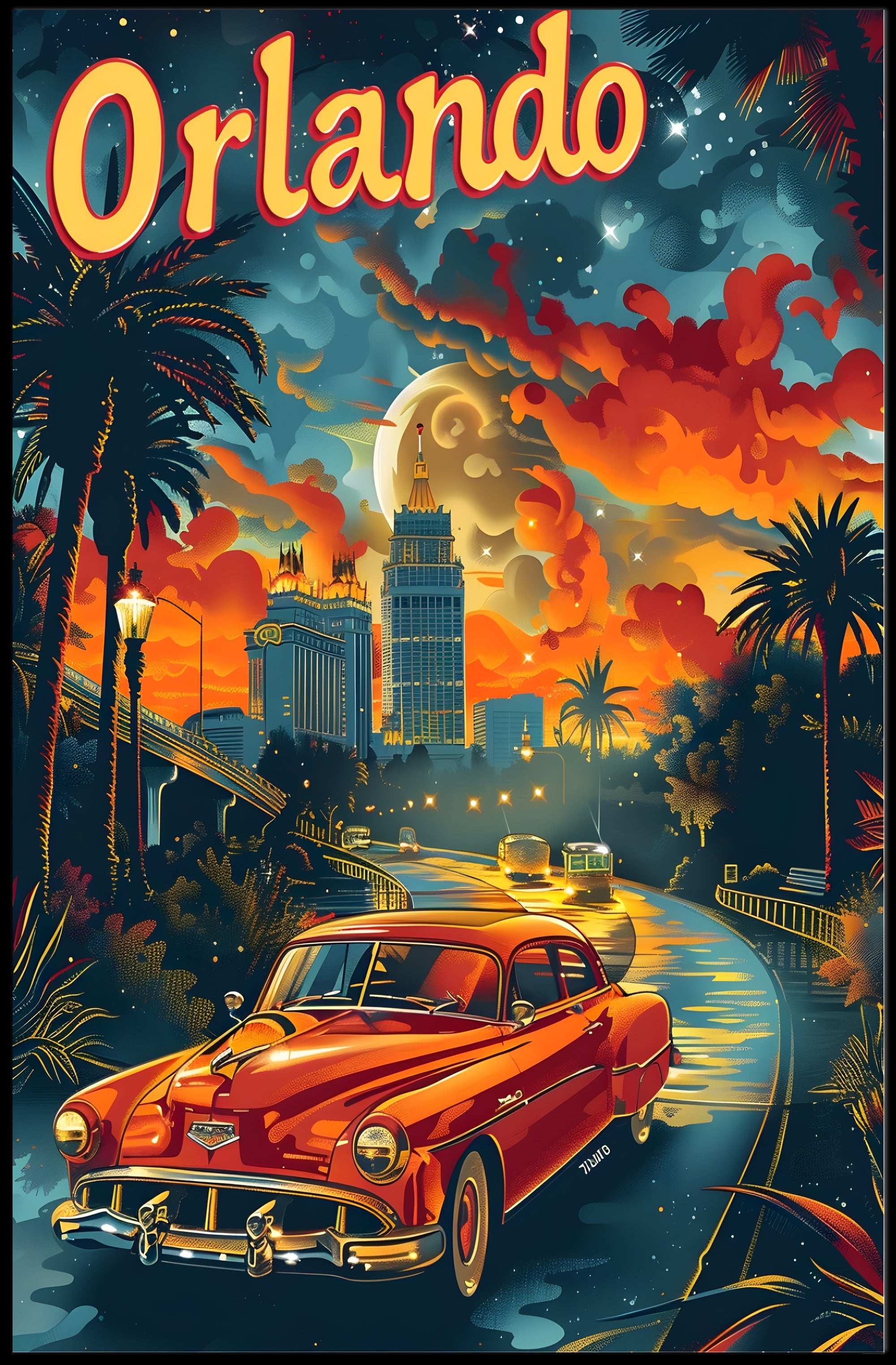 Vintage Orlando Adventure: Classic Car Travel Poster