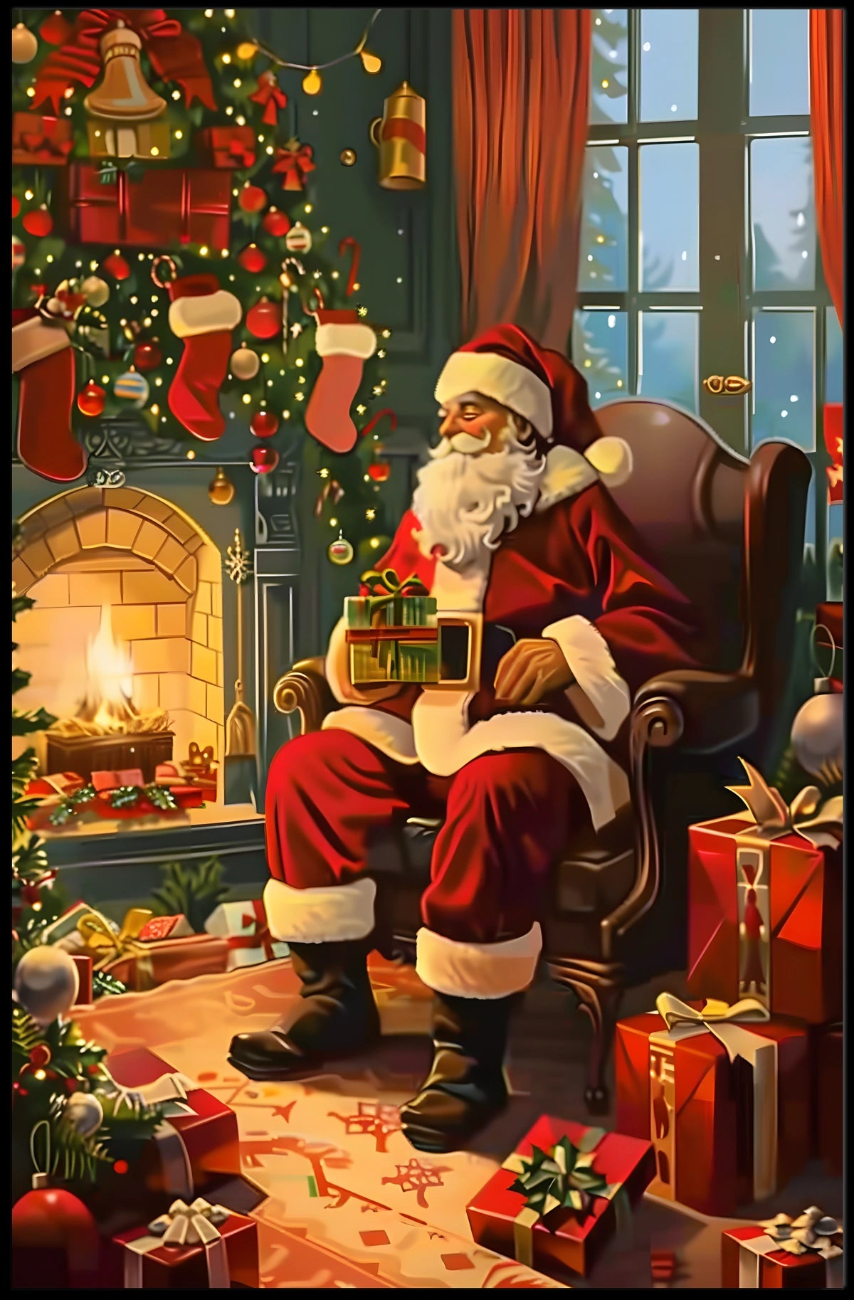 Santa Claus by the Fireplace Poster