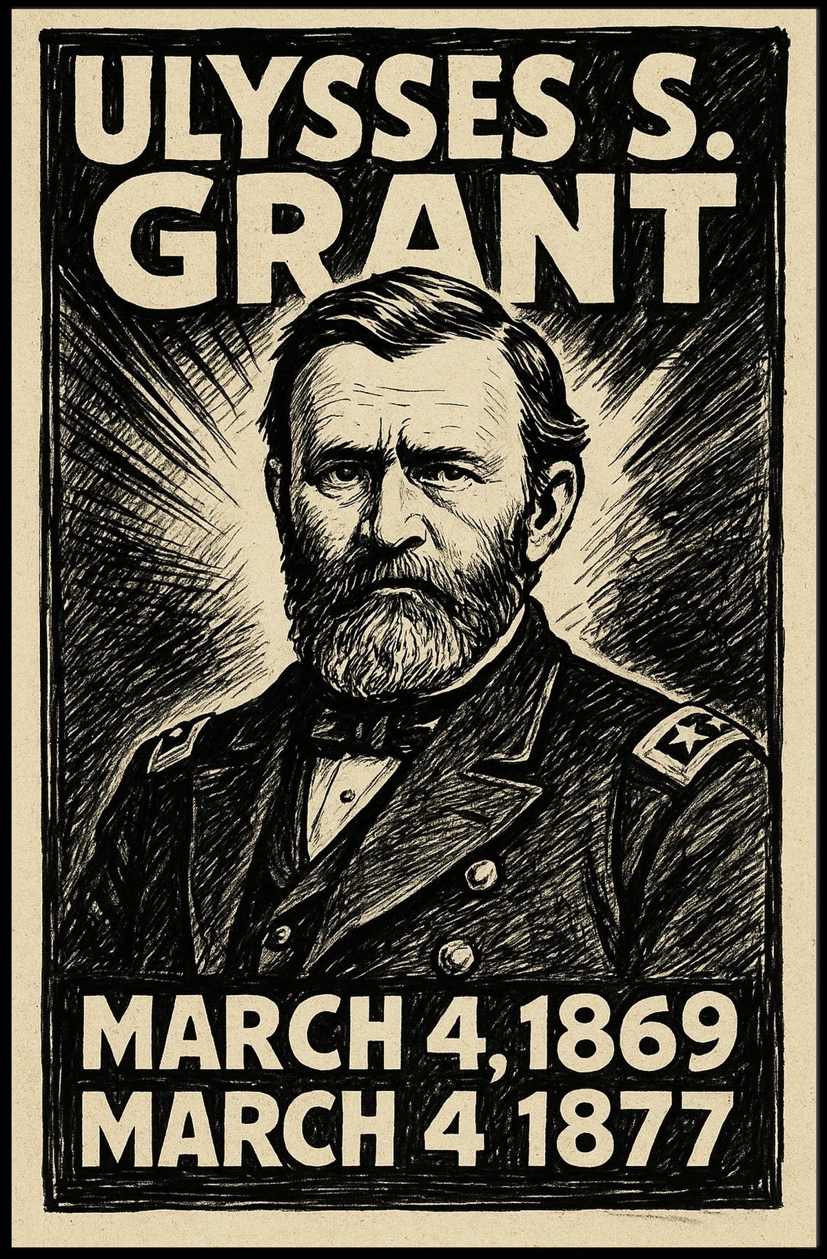 Ulysses S. Grant 18th President of the United States B & W Comic Sketch Poster