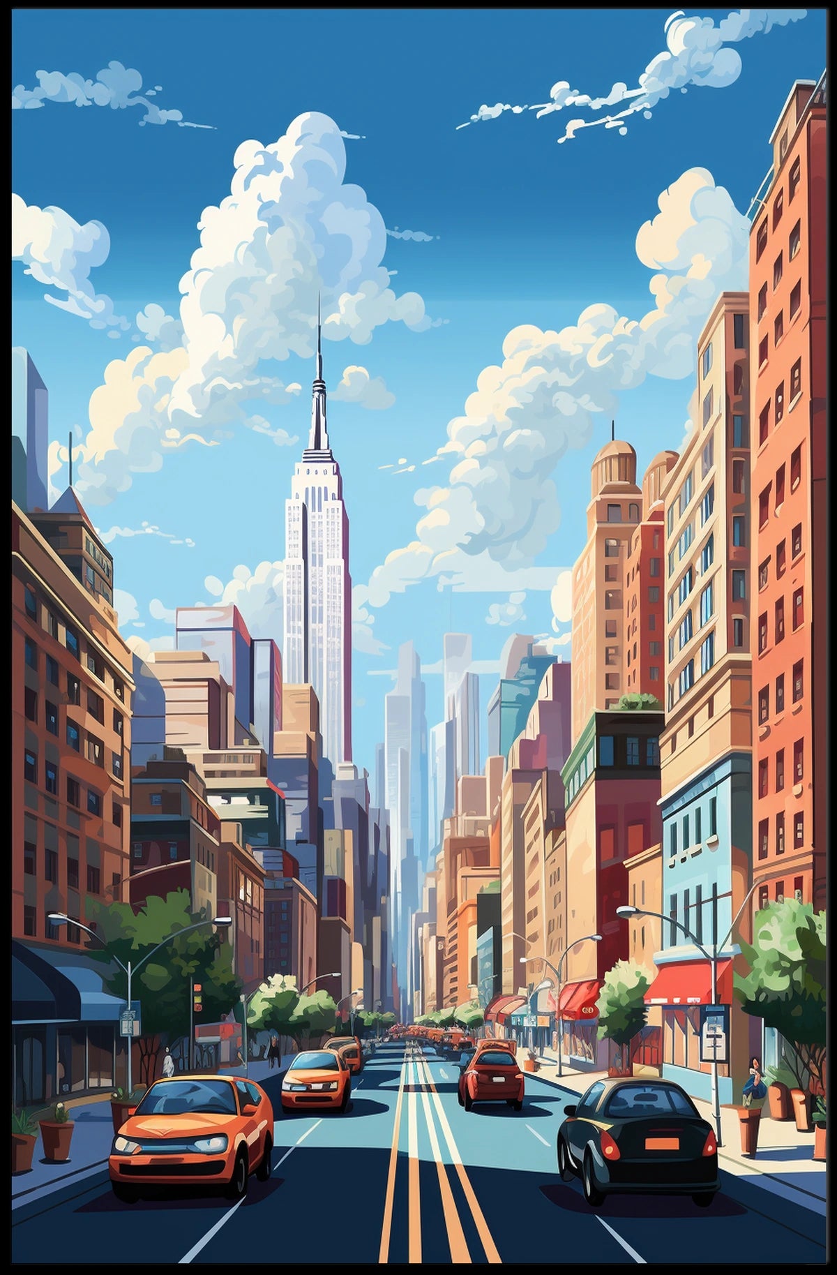 Stylized Urban Streetscape Art Print of New York - Travel Poster
