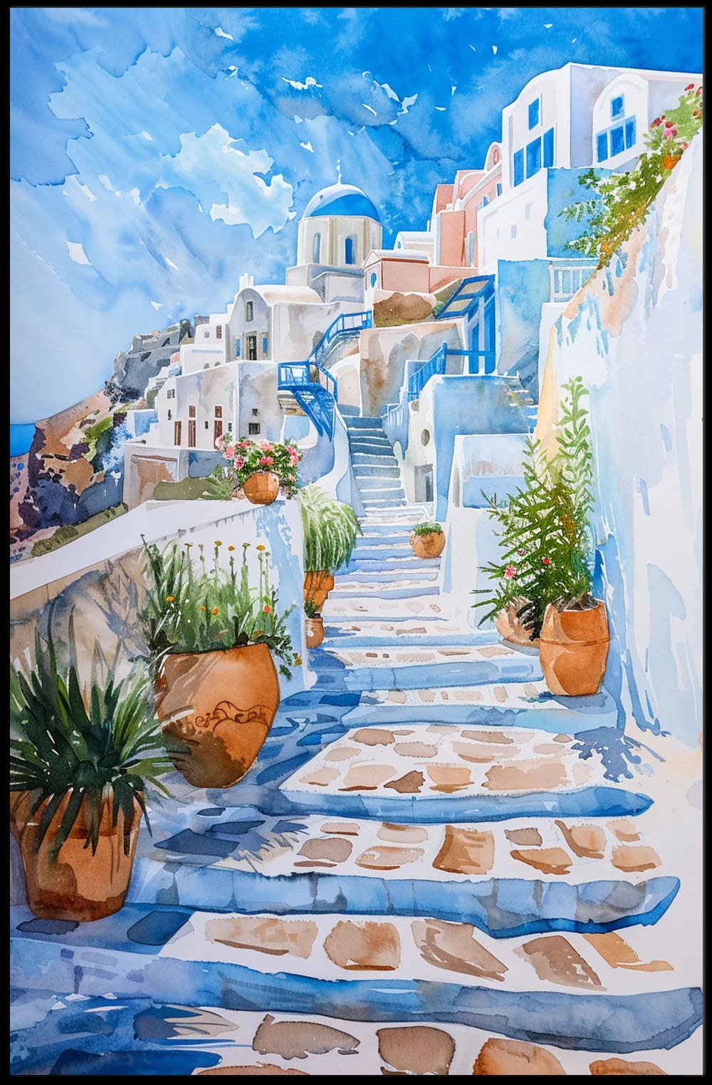Santorini Serenity: Watercolor Greek Island Poster