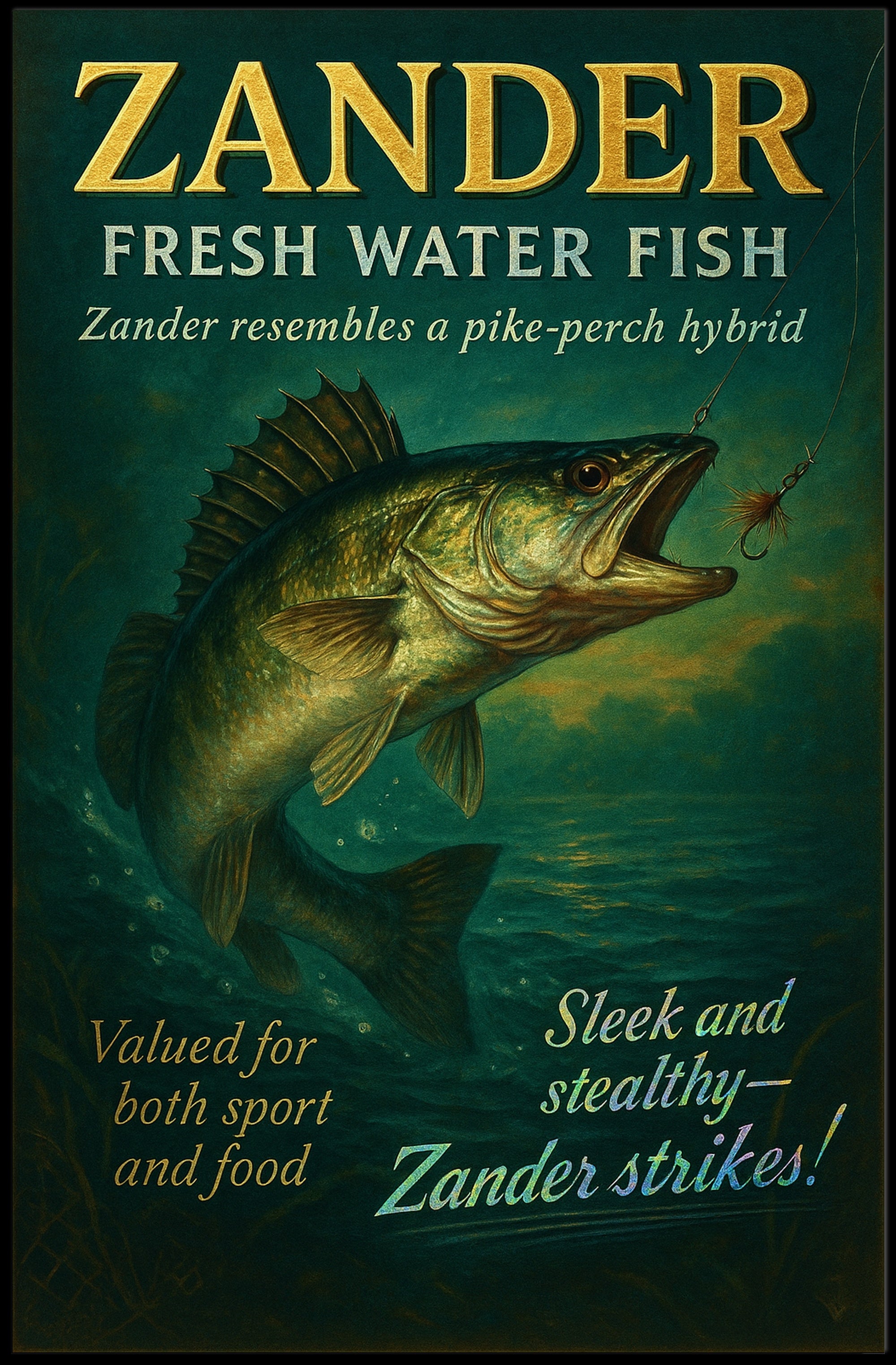 Zander Freshwater Fish Poster Vintage Fishing Print