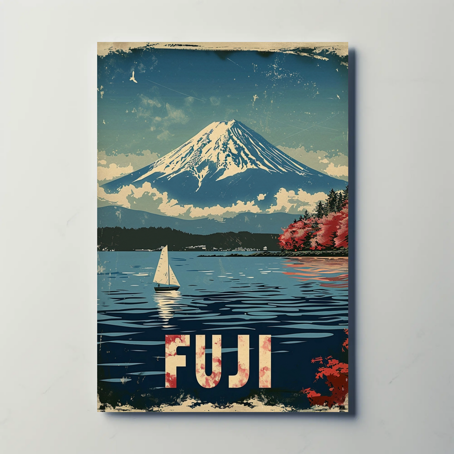 Fuji Mountain Sailing Scene Vintage Travel Poster