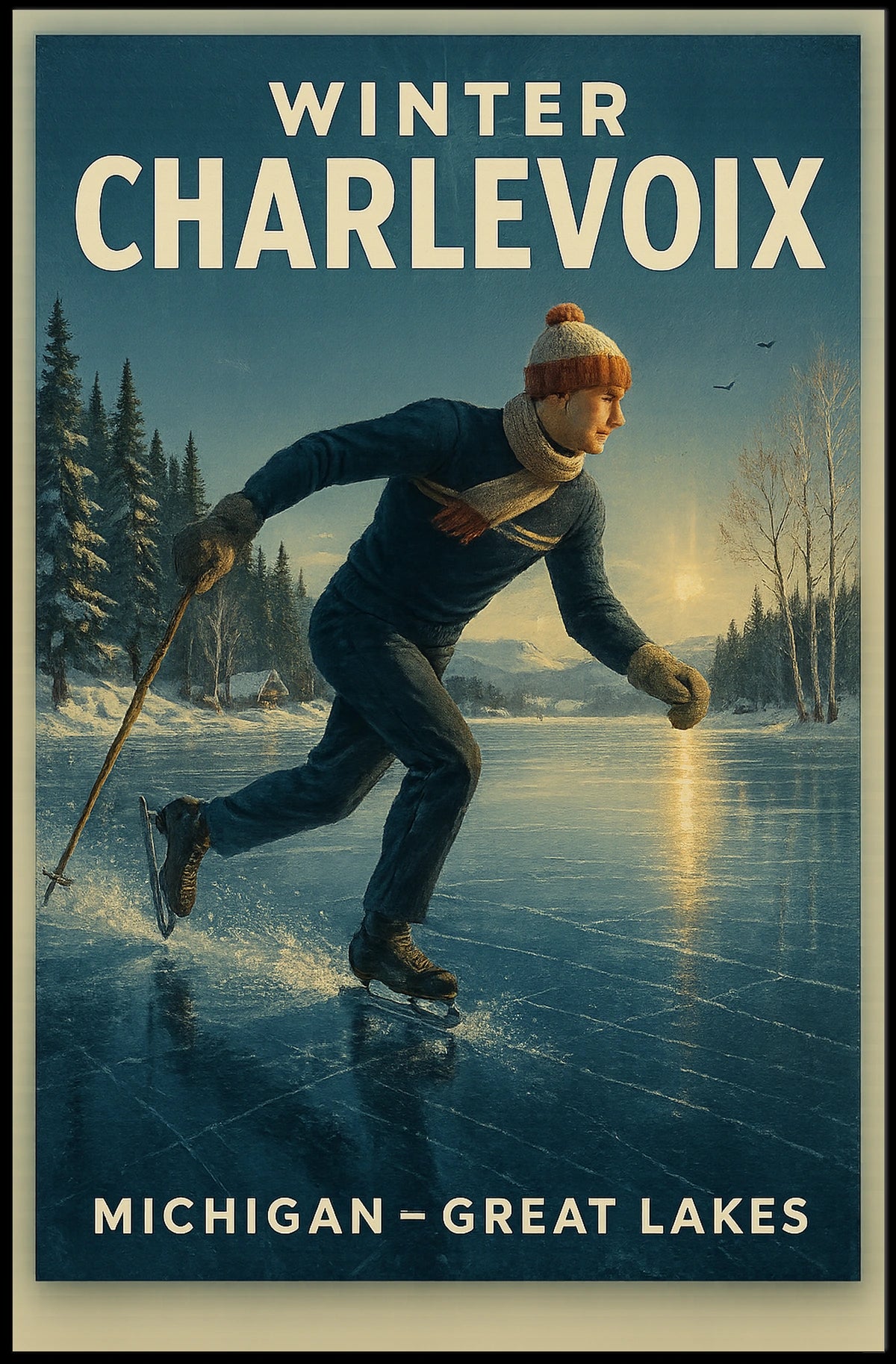 Vintage Winter Charlevoix Scene in Michigan Travel Poster