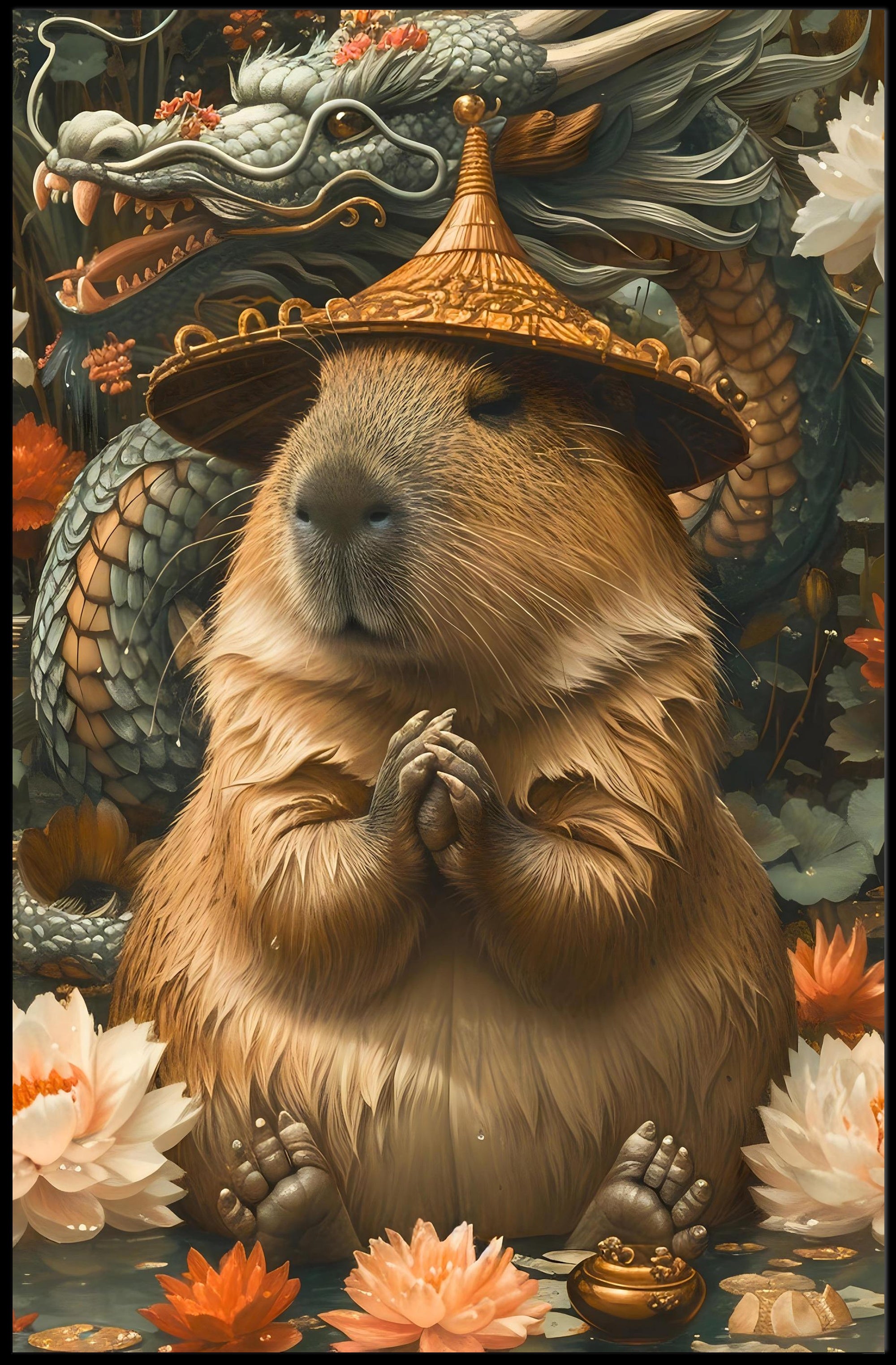 Meditative Capybara with Dragon Poster Art