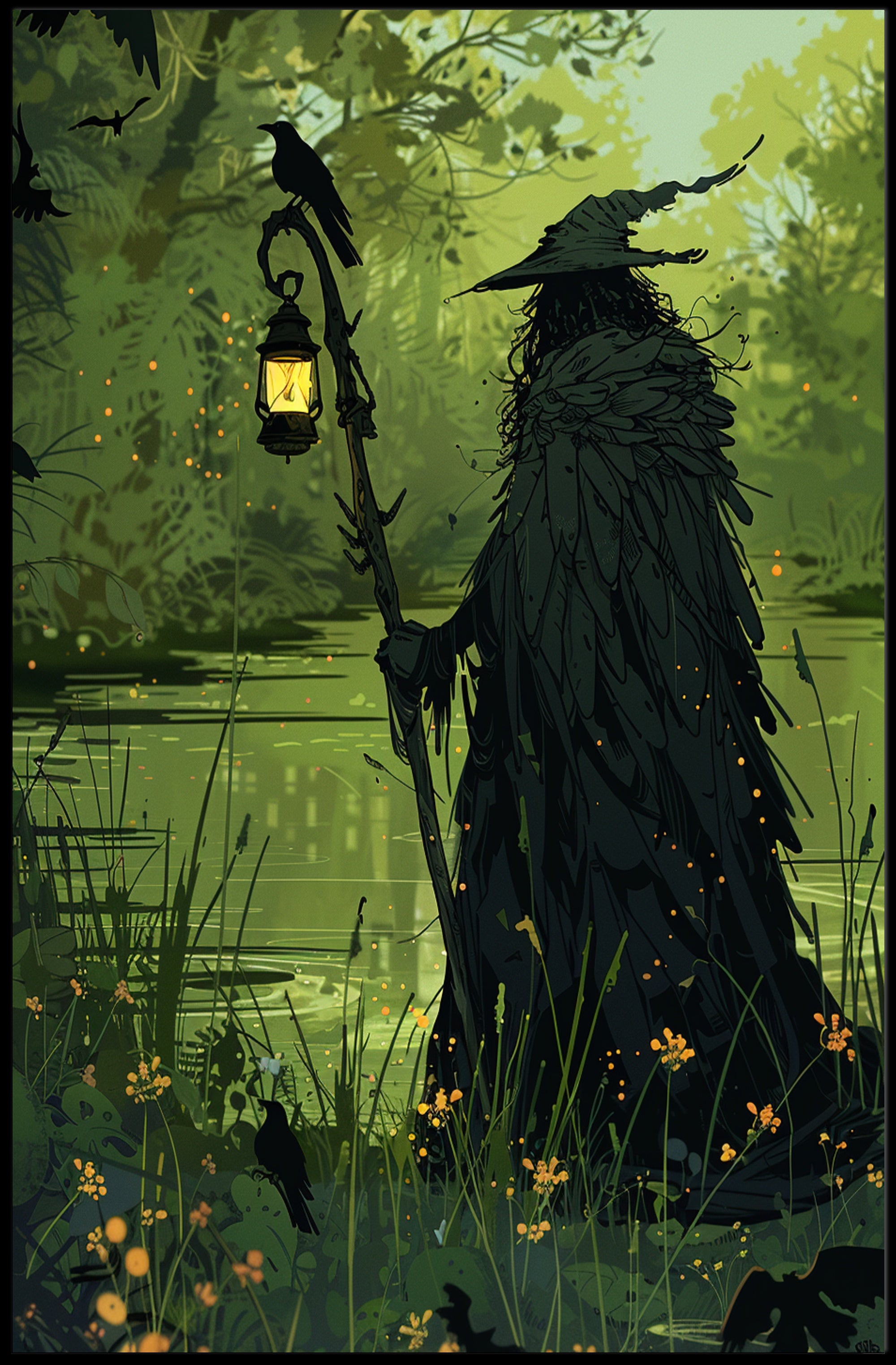 Mysterious Forest Figure with Crow Fantasy or Mythology Poster PosterGoat