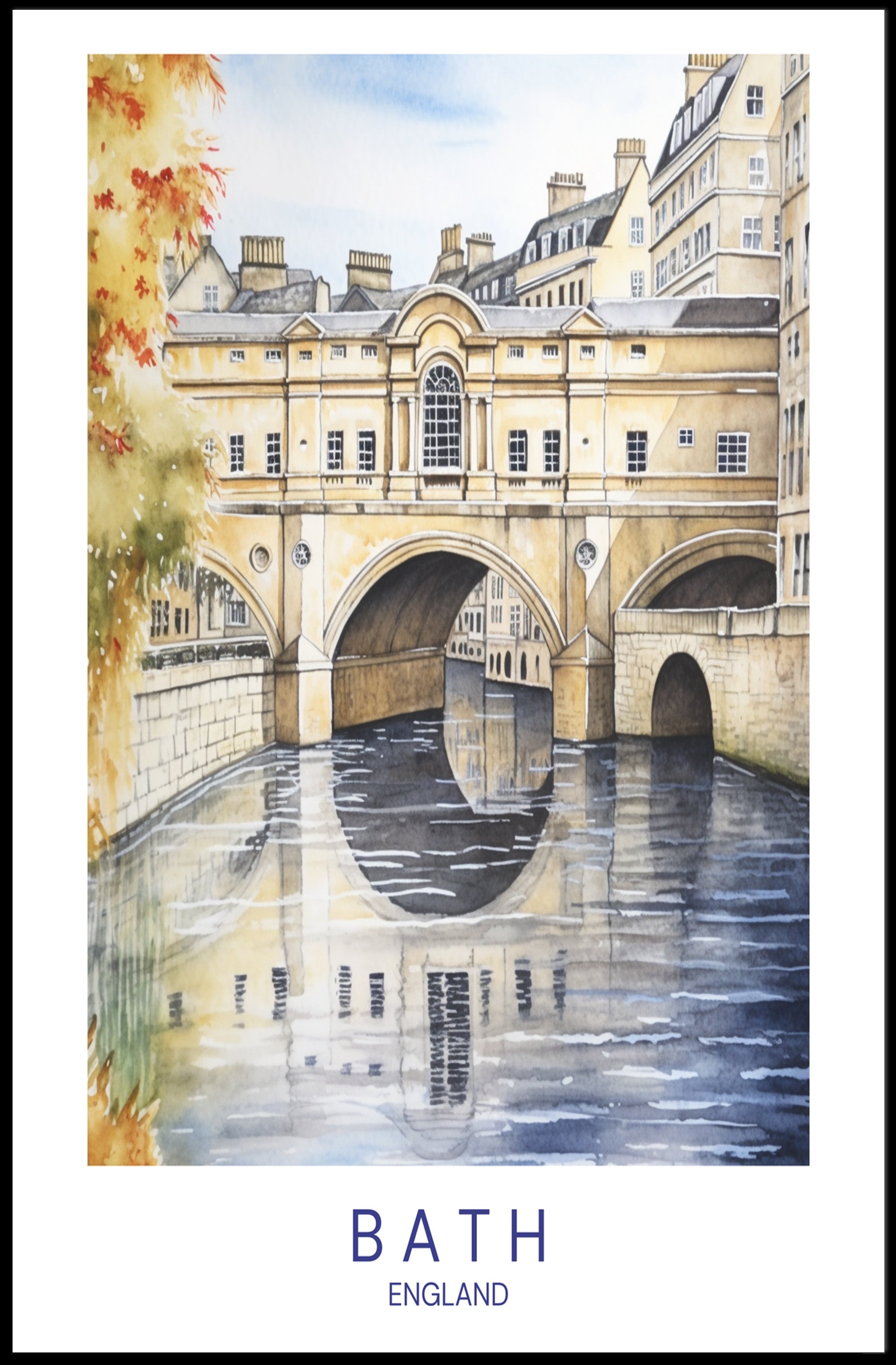 Iconic Pulteney Bridge in Bath Watercolor Urban Cityscape Poster PosterGoat