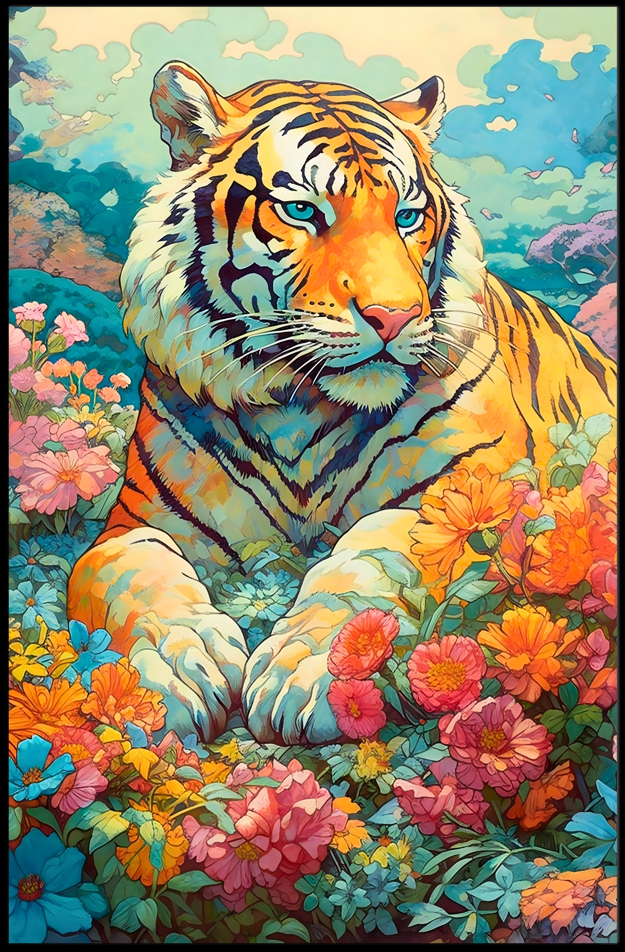 Majestic Tiger in Lush Garden Animal Poster