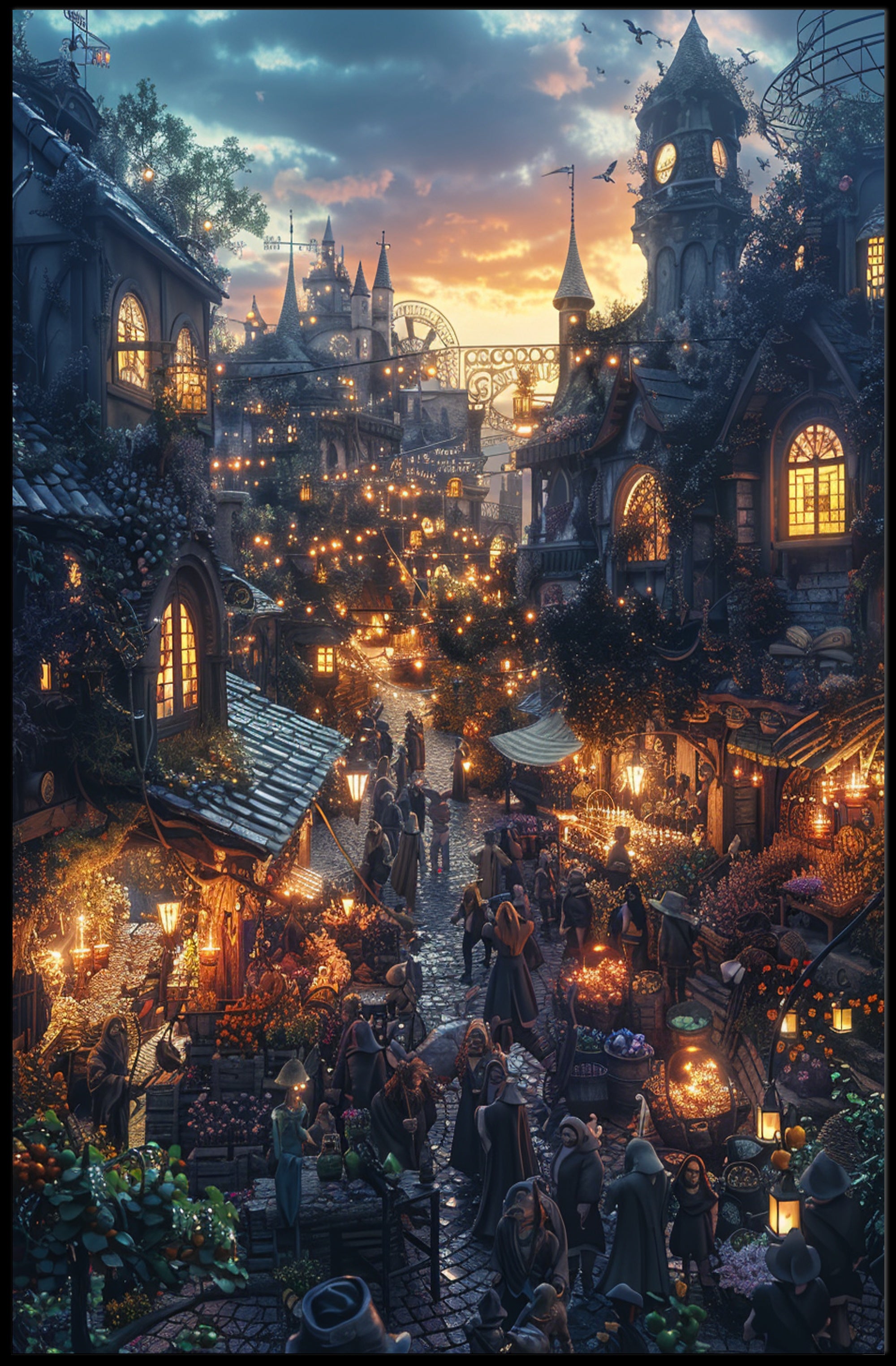Whimsical Fantasy Market Scene Sunset Fantasy Poster PosterGoat