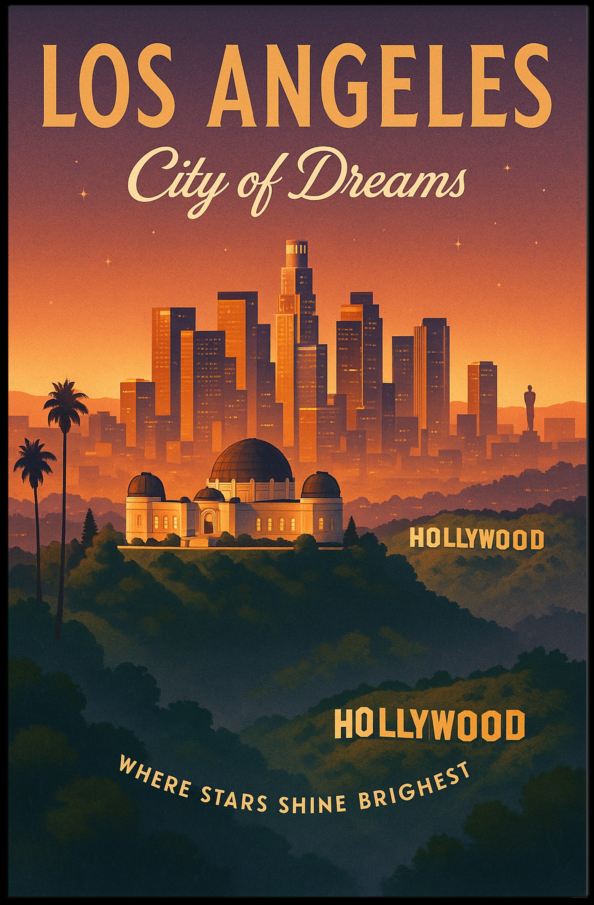 Los Angeles Sunset Skyline Vintage Travel Poster