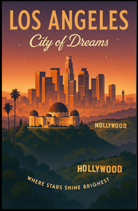 Los Angeles Sunset Skyline Vintage Travel Poster