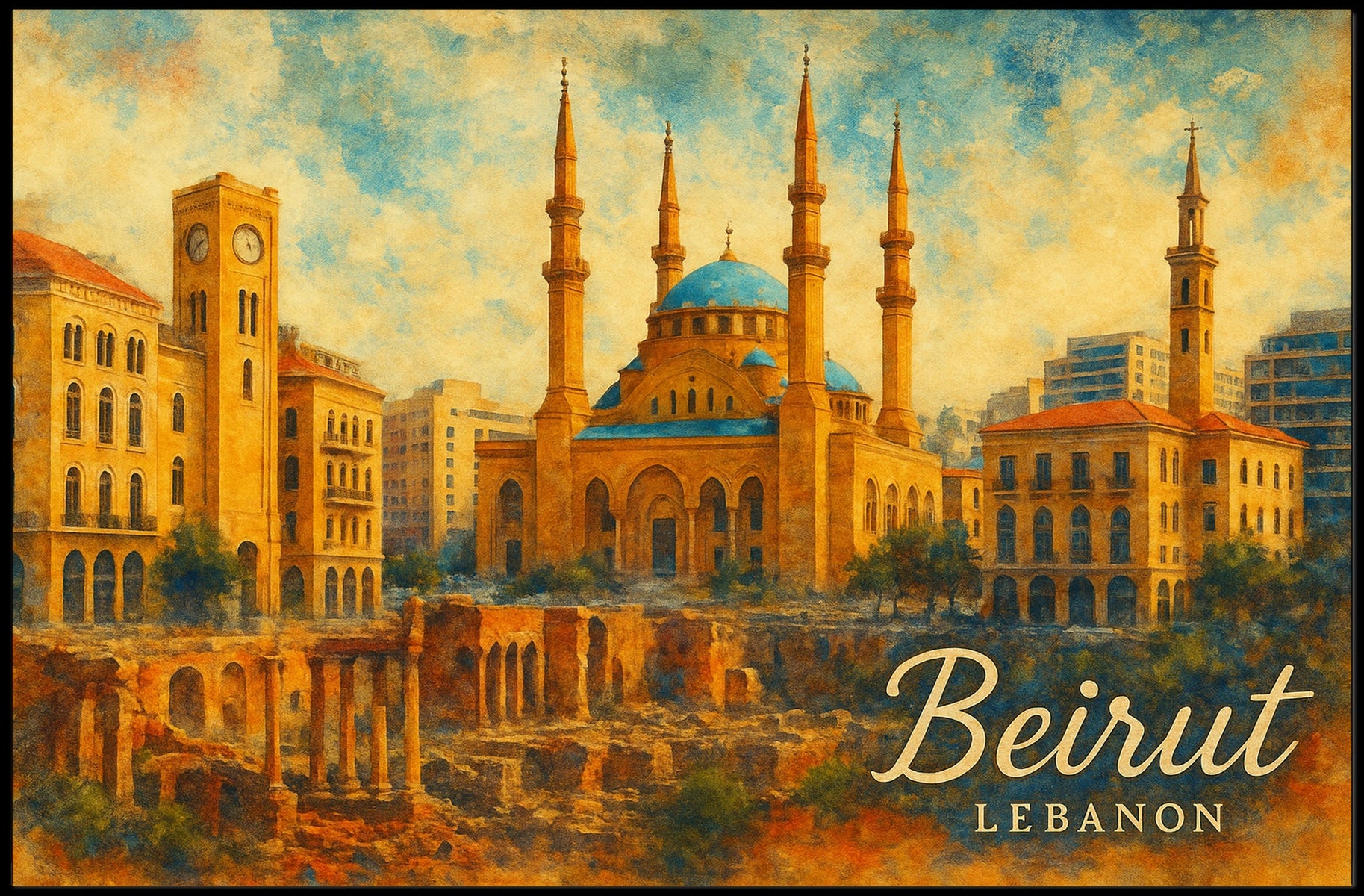 Beirut Cityscape Lebanon Iconic Skyline Travel Art Realism Digital Painting Heritage Poster