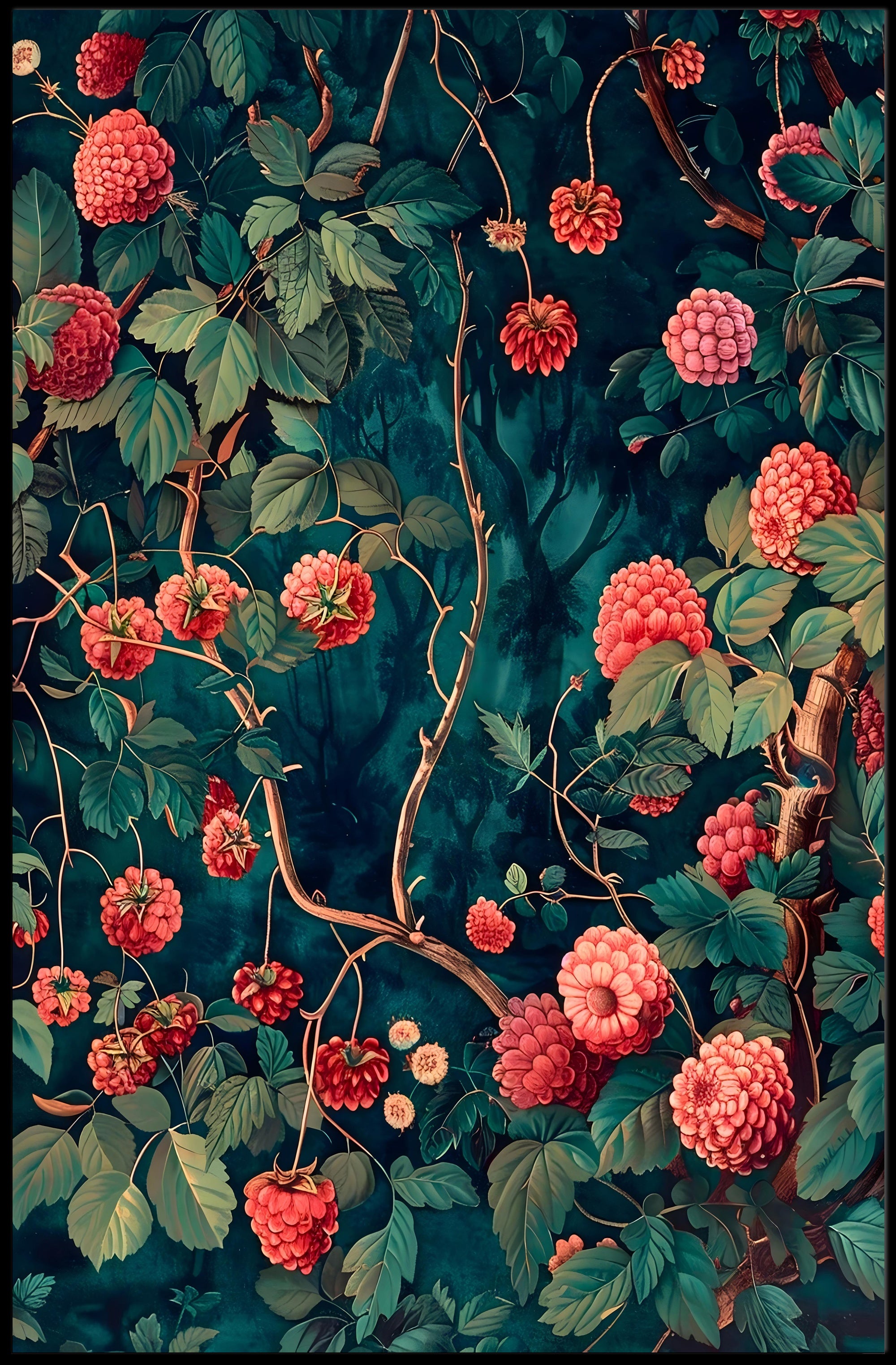 Vibrant Red Floral Scene Artistic Poster