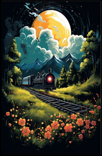 Moonlit Journey Vintage Train Surrealism Floral Meadow Night Travel Nostalgic Romance Poster