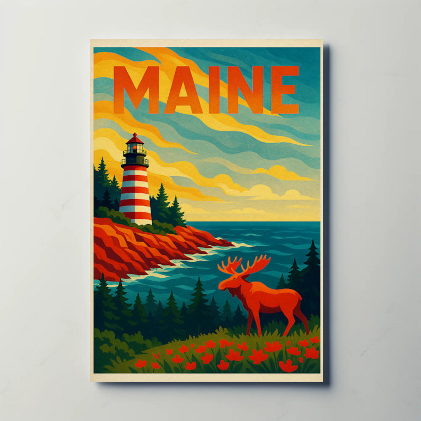 Maine Lighthouse Moose Forest Coastal View Poster