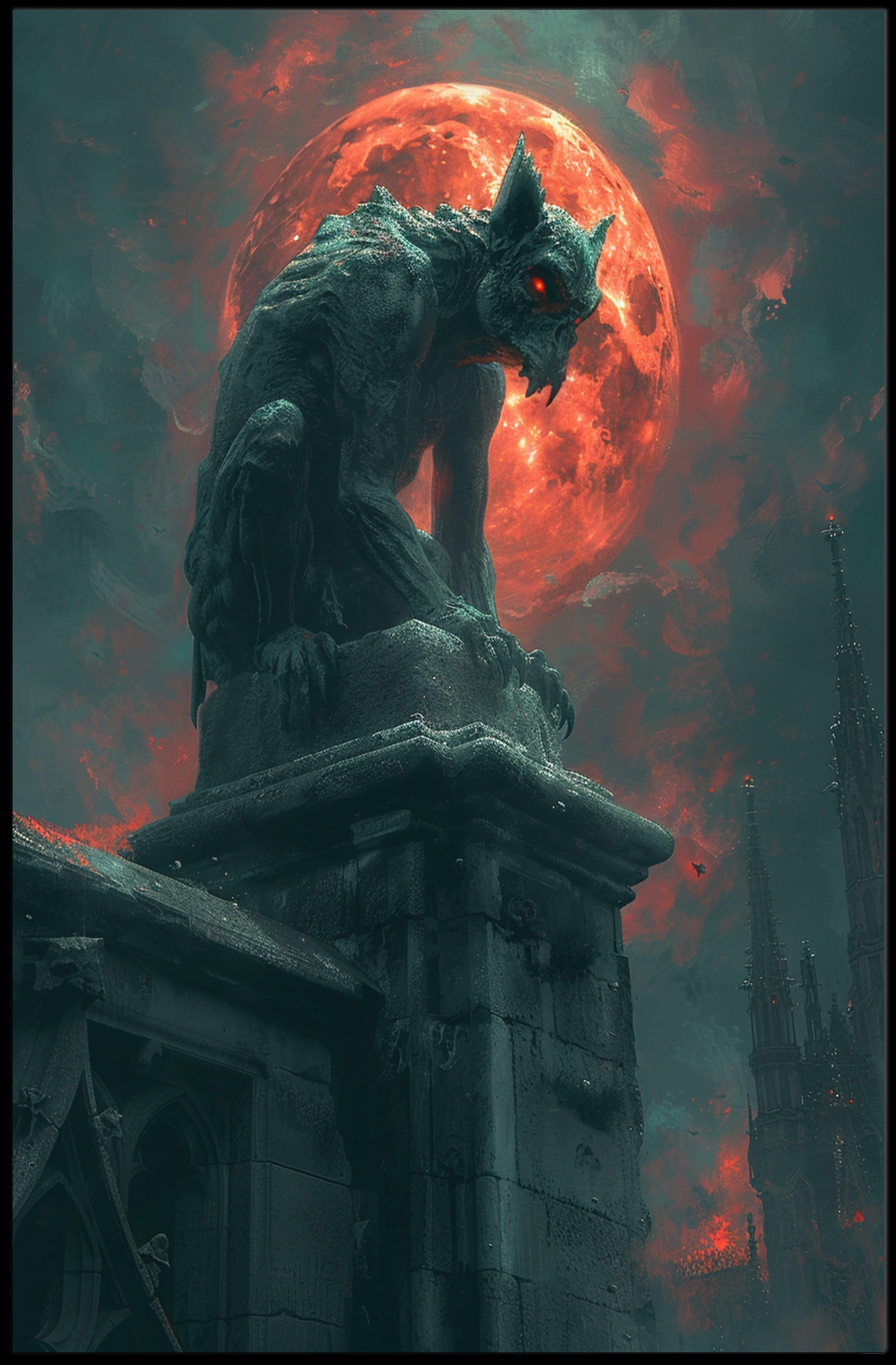 Gothic Gargoyle Under Red Moon Fantasy or Mythology Poster PosterGoat