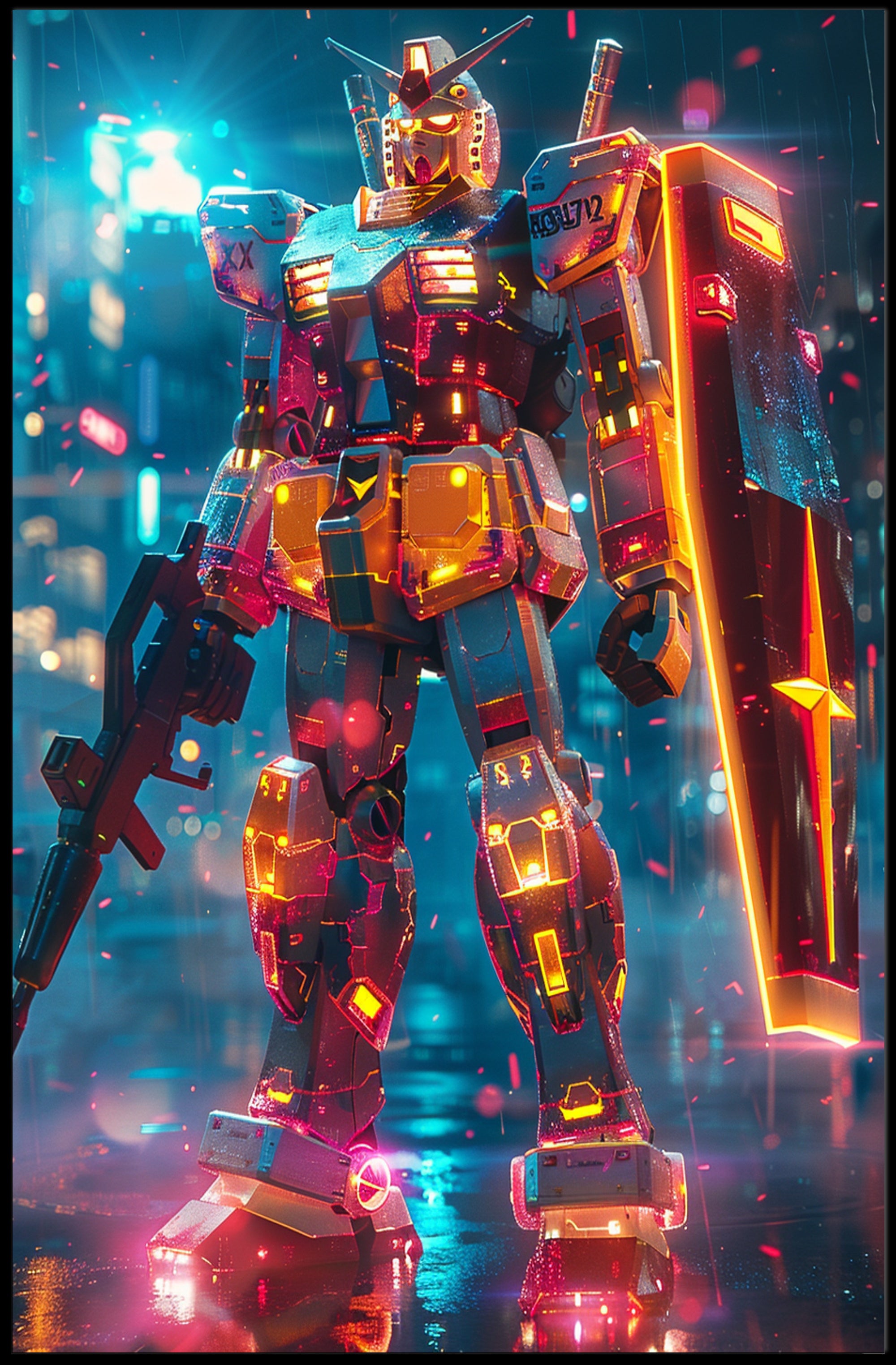 Neon Mech Warrior Art Print Poster for Home Decor PosterGoat