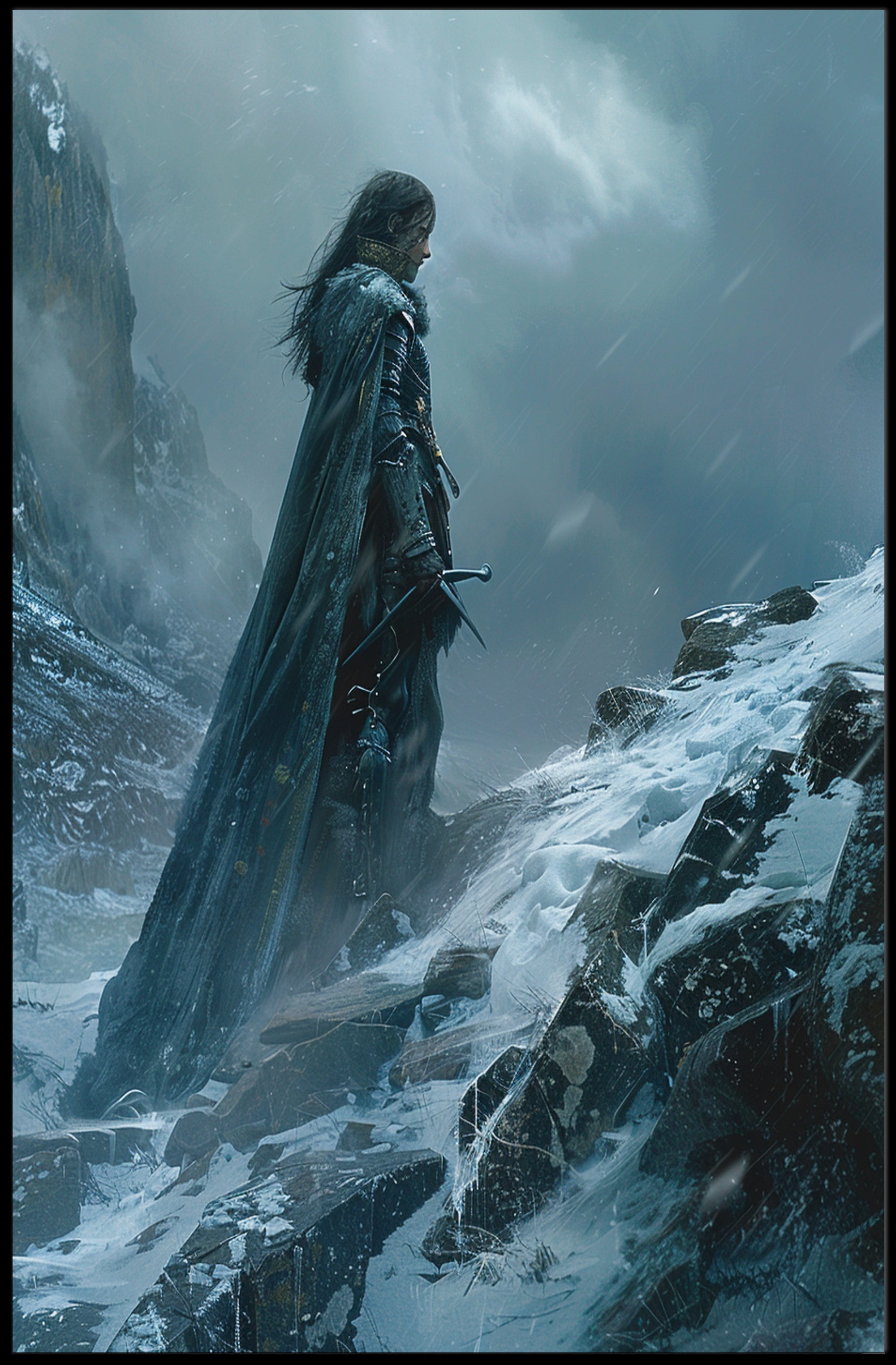 Solitary Warrior in Snow: Epic Fantasy or Mythology Poster PosterGoat