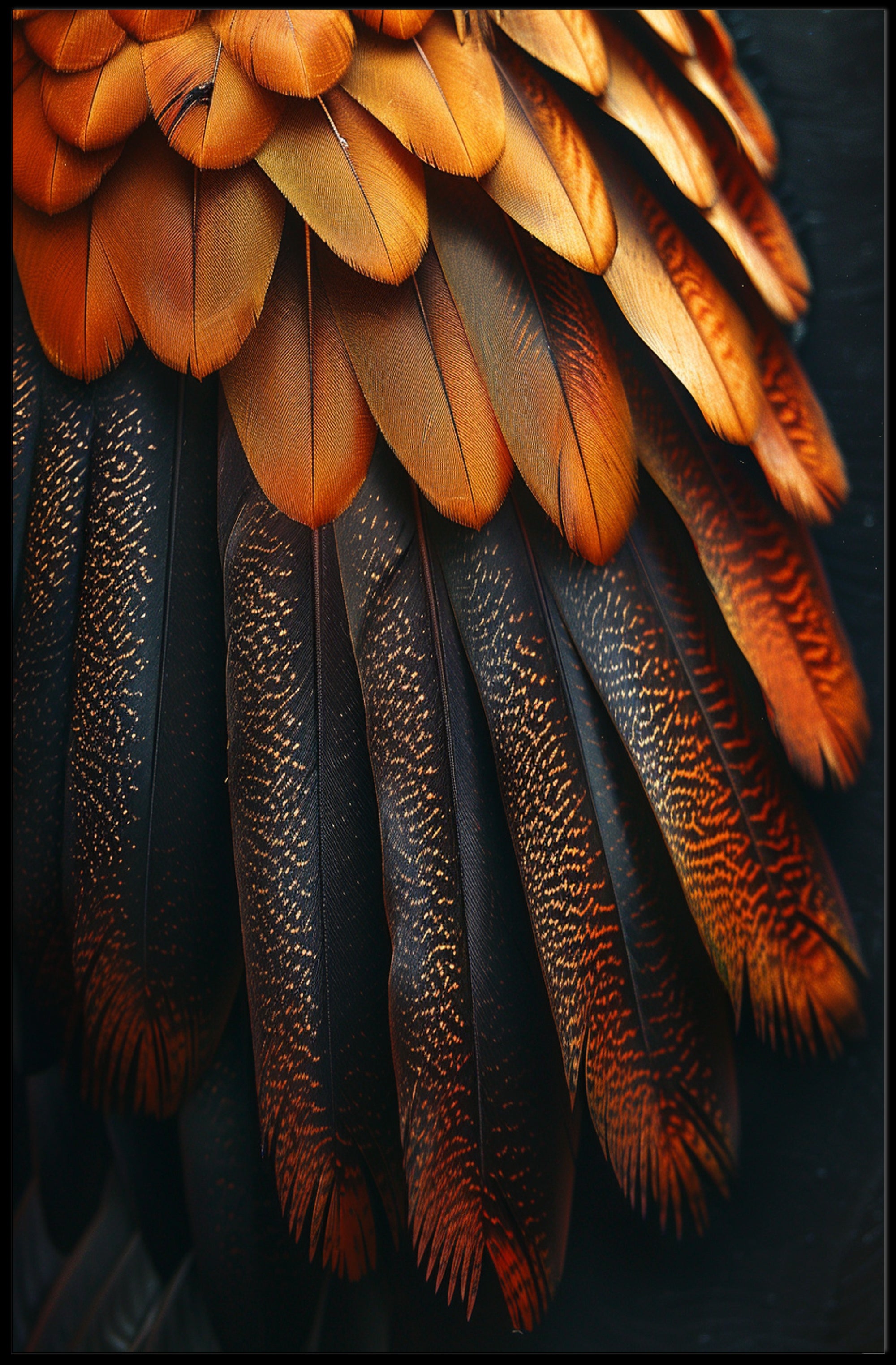 Vibrant Bird Feather Art: Orange and Black Elegance PosterGoat