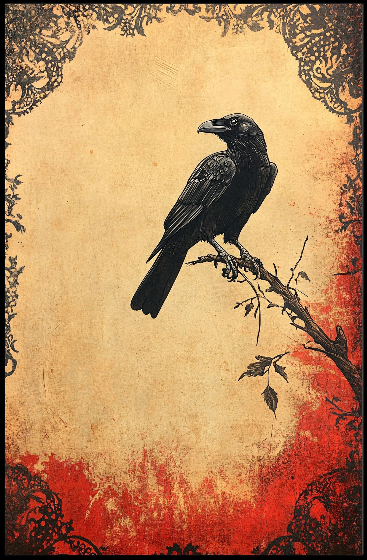 Raven on a Branch Artistic Vintage Animal Poster
