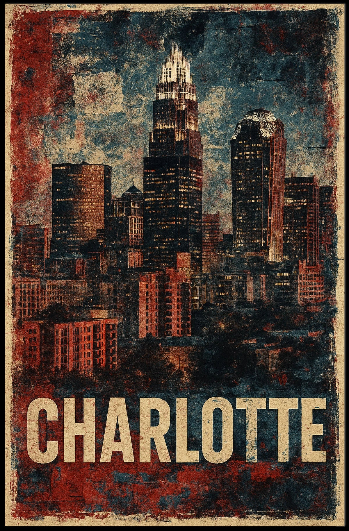 Charlotte Skyline Vintage Urban Retro Collectors Poster