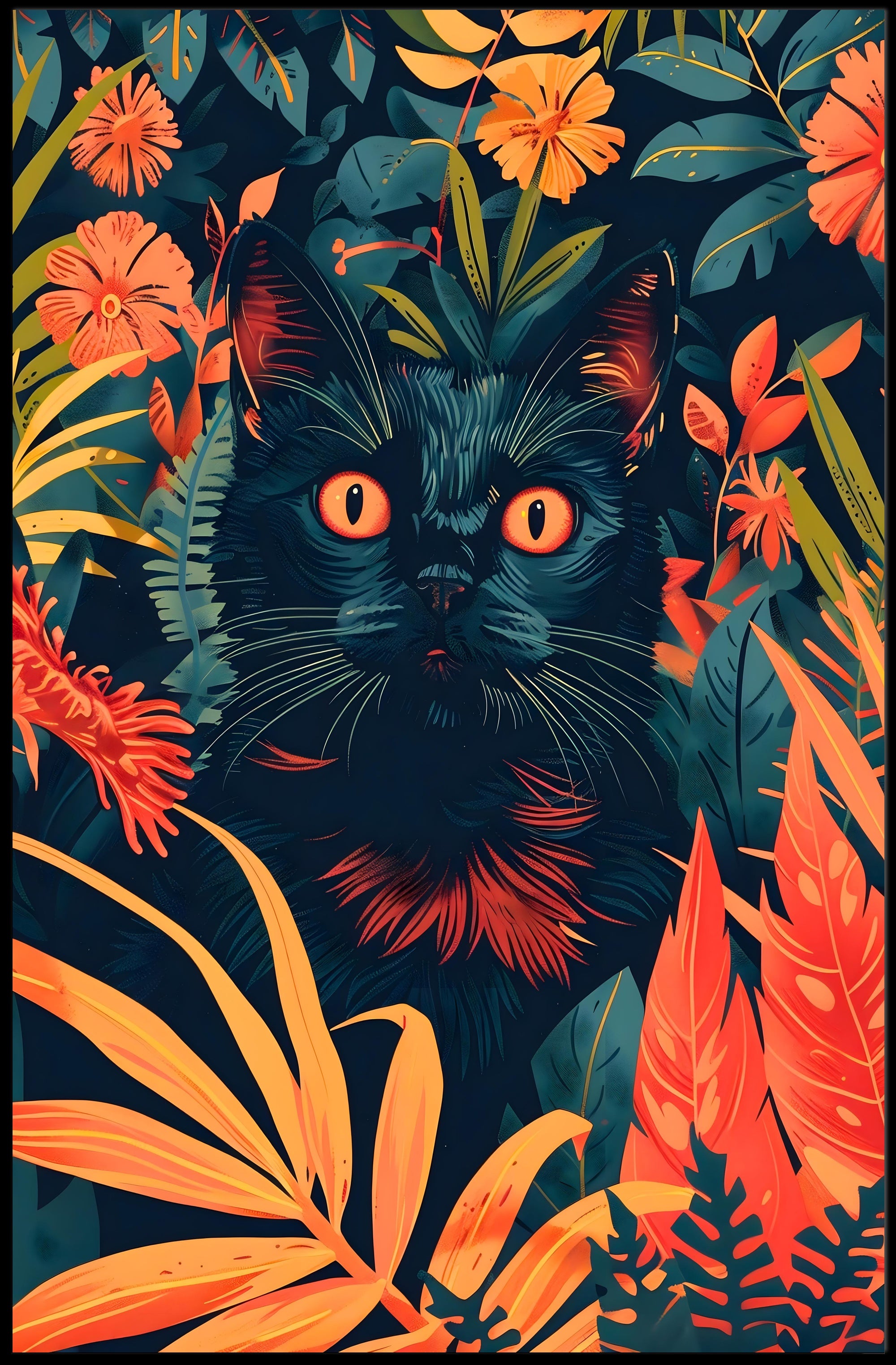 Striking Black Cat in Vibrant Jungle Animal Poster